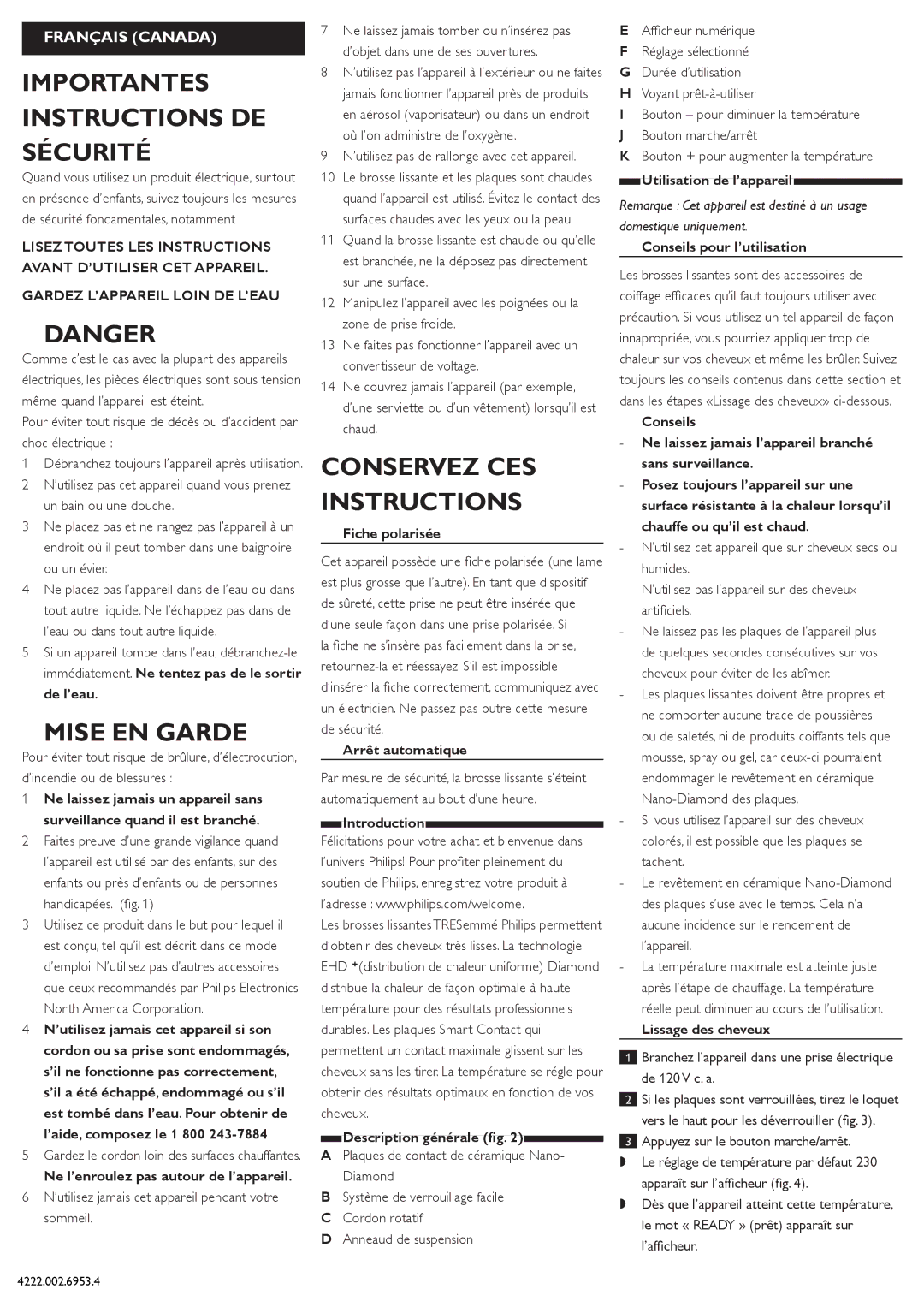 Philips HP4605 manual Importantes Instructions DE Sécurité, Mise EN Garde, Conservez CES Instructions 