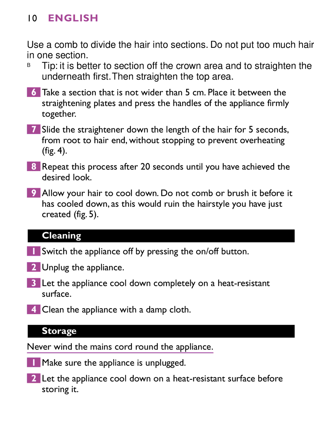 Philips HP4647 manual Cleaning, Storage 