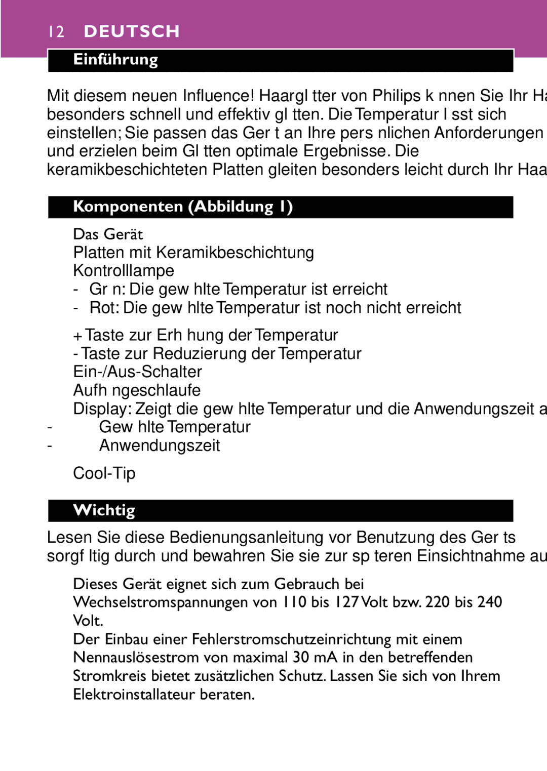 Philips HP4647 manual Deutsch, Einführung, Komponenten Abbildung, Das Gerät, Wichtig 