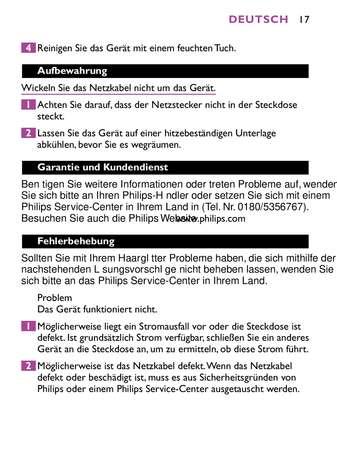 Philips HP4647 Reinigen Sie das Gerät mit einem feuchten Tuch, Aufbewahrung, Garantie und Kundendienst Fehlerbehebung 