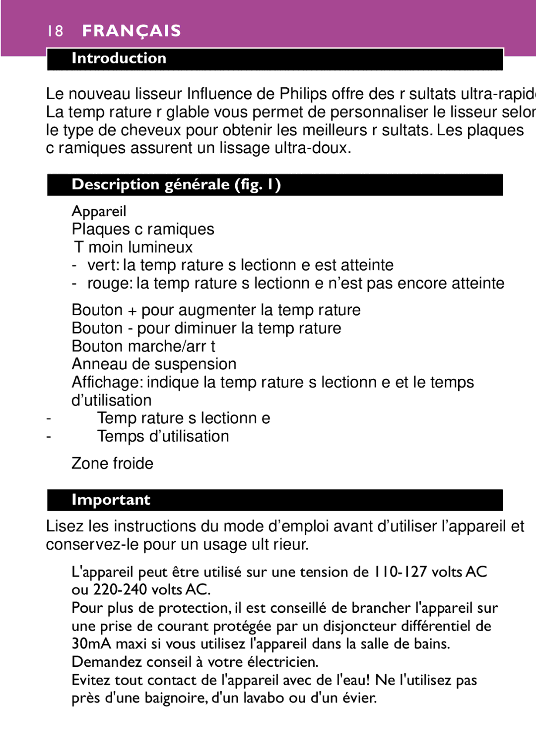 Philips HP4647 manual Français, Description générale fig, Appareil, Demandez conseil à votre électricien 