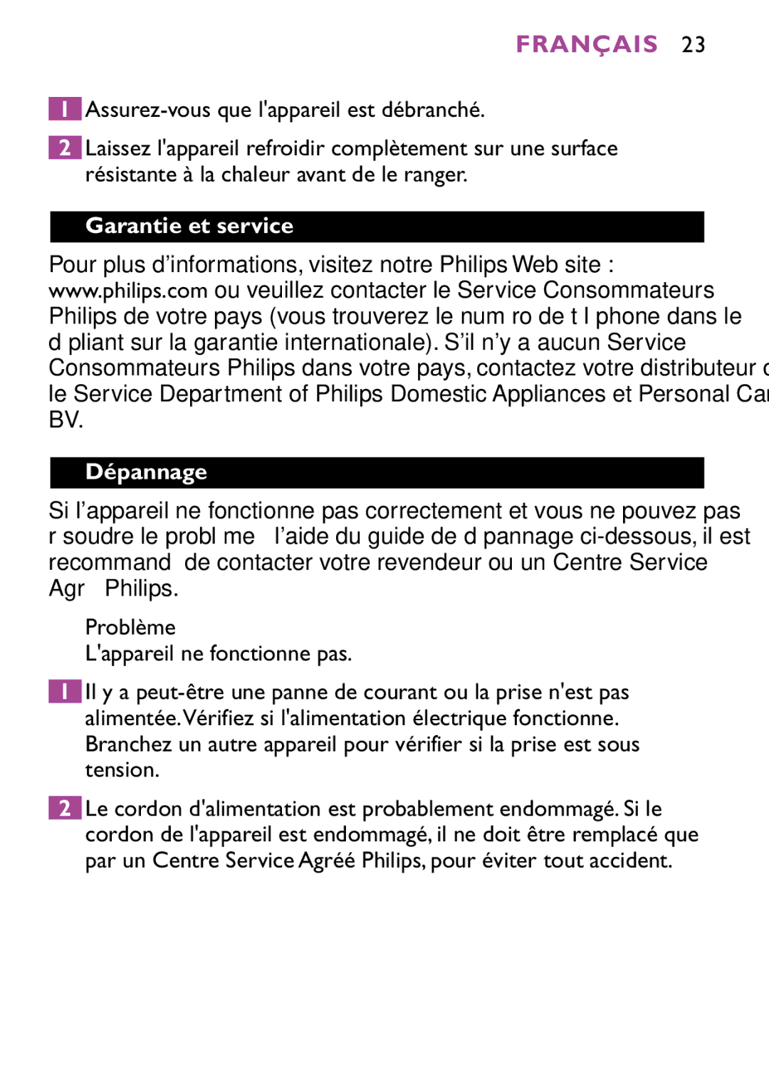 Philips HP4647 manual Garantie et service Dépannage 