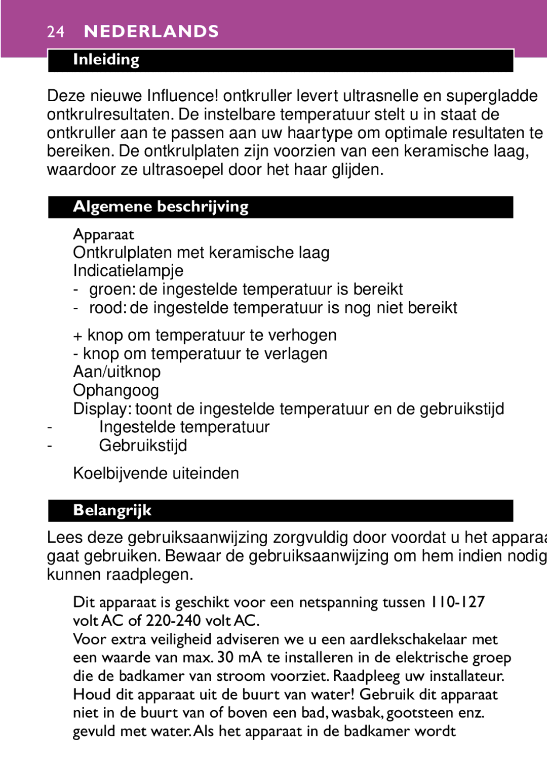 Philips HP4647 manual Nederlands, Inleiding, Algemene beschrijving, Belangrijk 