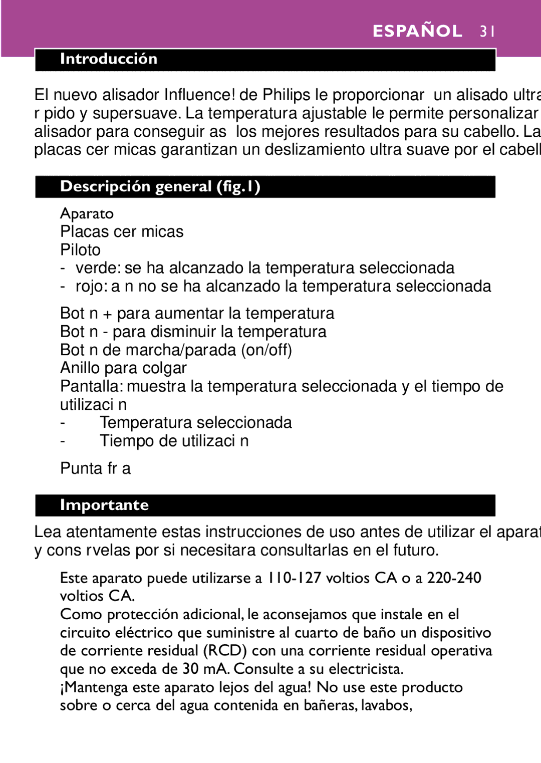 Philips HP4647 manual Español, Introducción, Descripción general, Aparato, Importante 