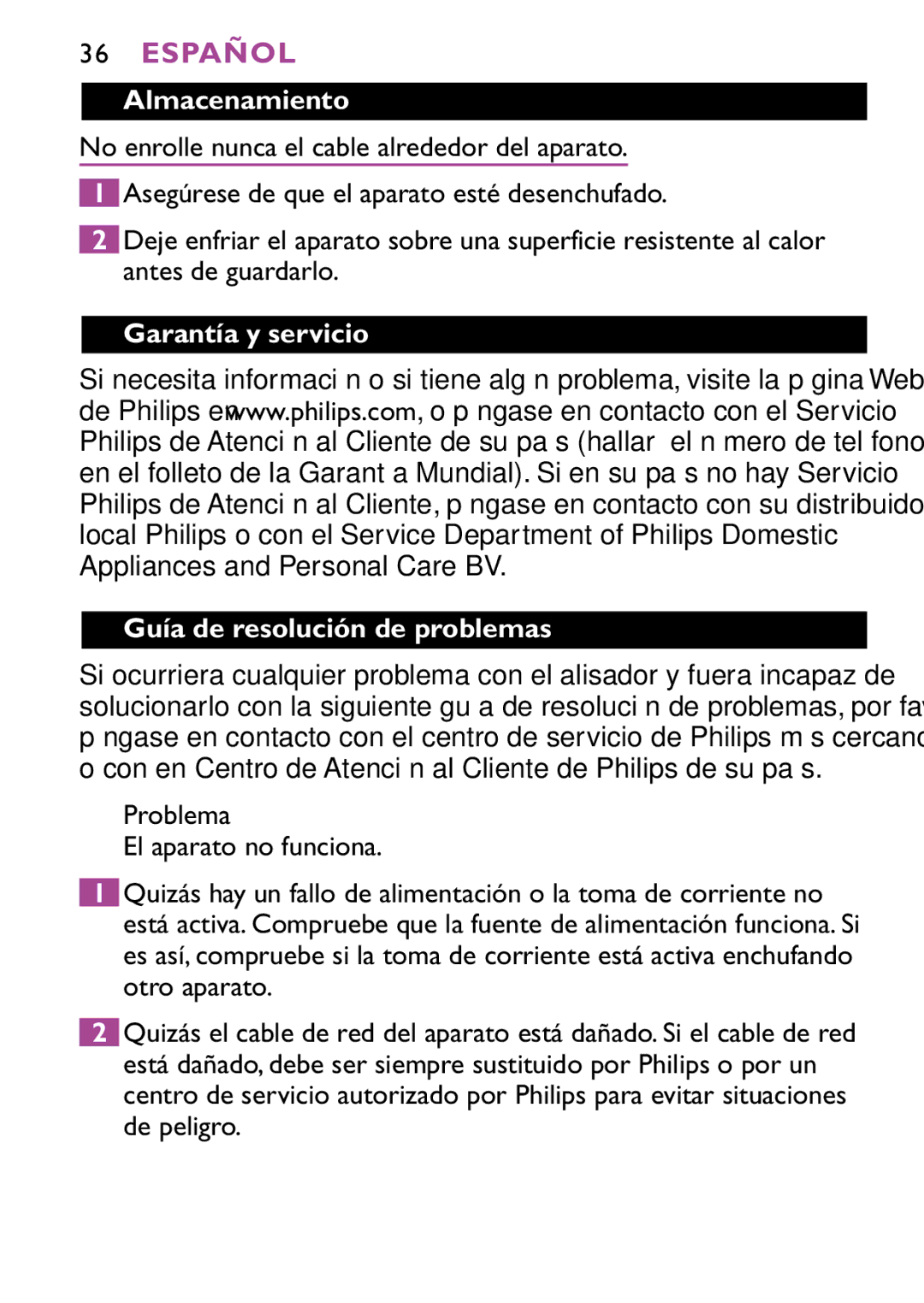 Philips HP4647 manual Almacenamiento, Garantía y servicio Guía de resolución de problemas 