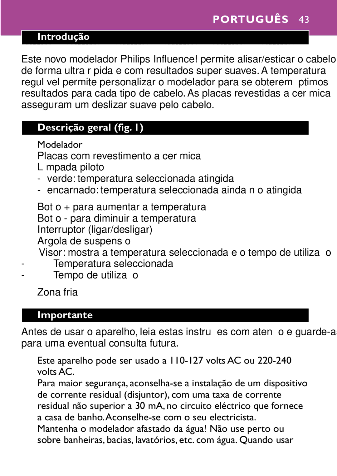 Philips HP4647 manual Português, Introdução, Descrição geral fig 