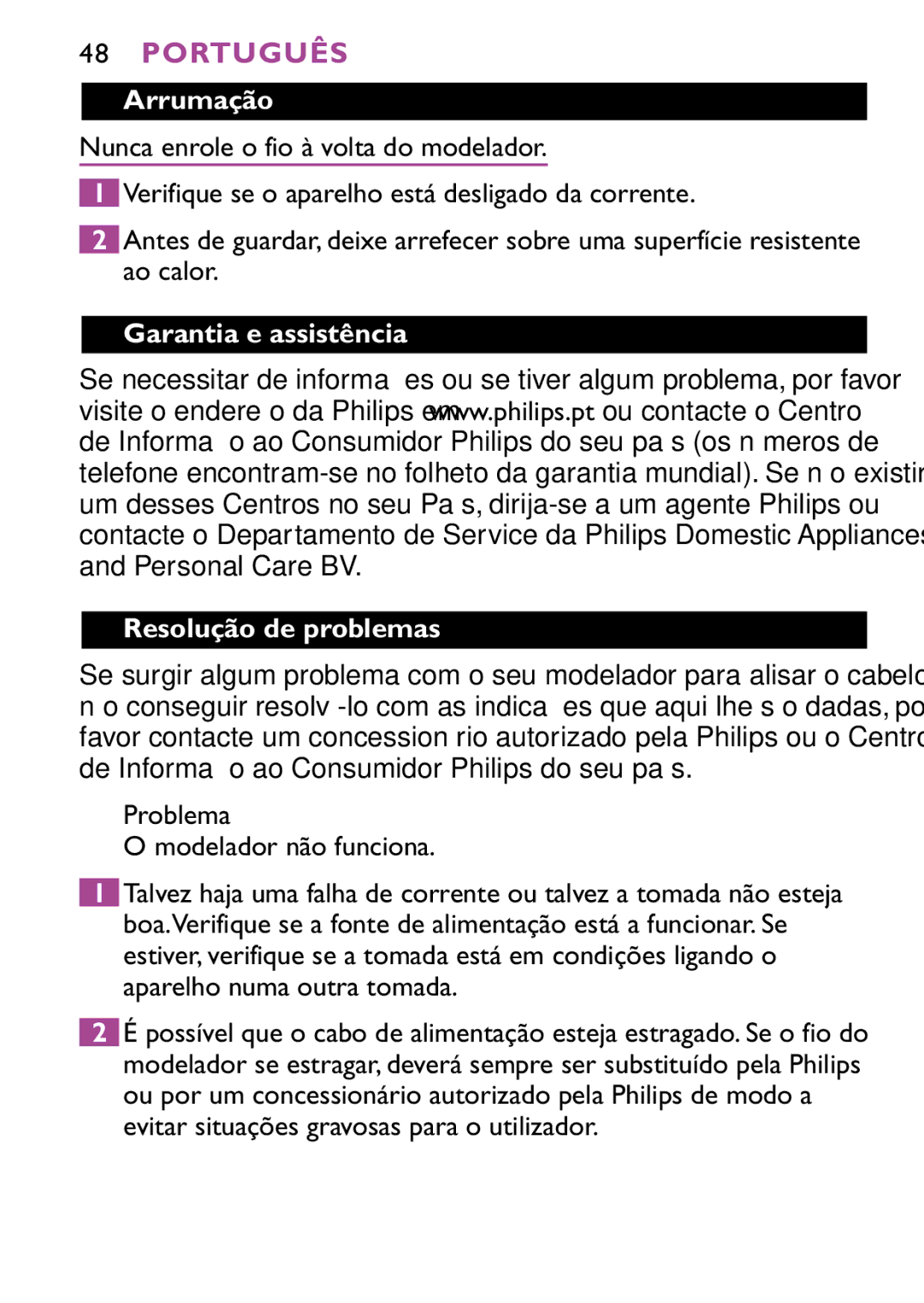 Philips HP4647 manual Arrumação, Garantia e assistência Resolução de problemas 