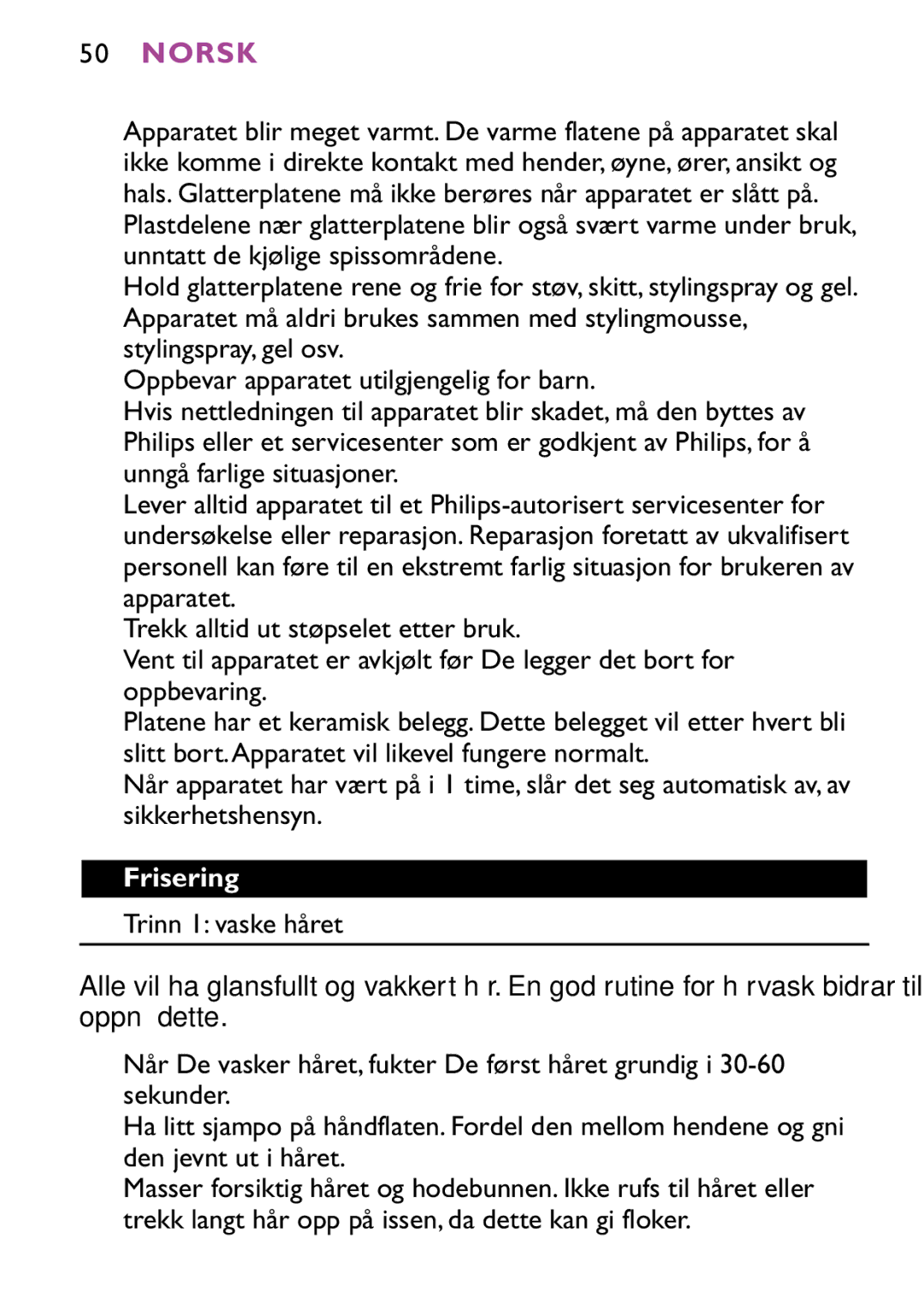 Philips HP4647 manual Norsk, Frisering 