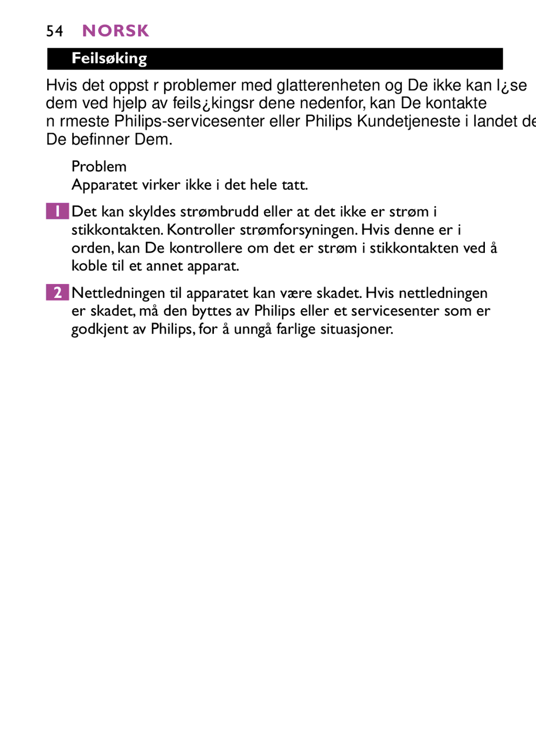 Philips HP4647 manual Feilsøking 