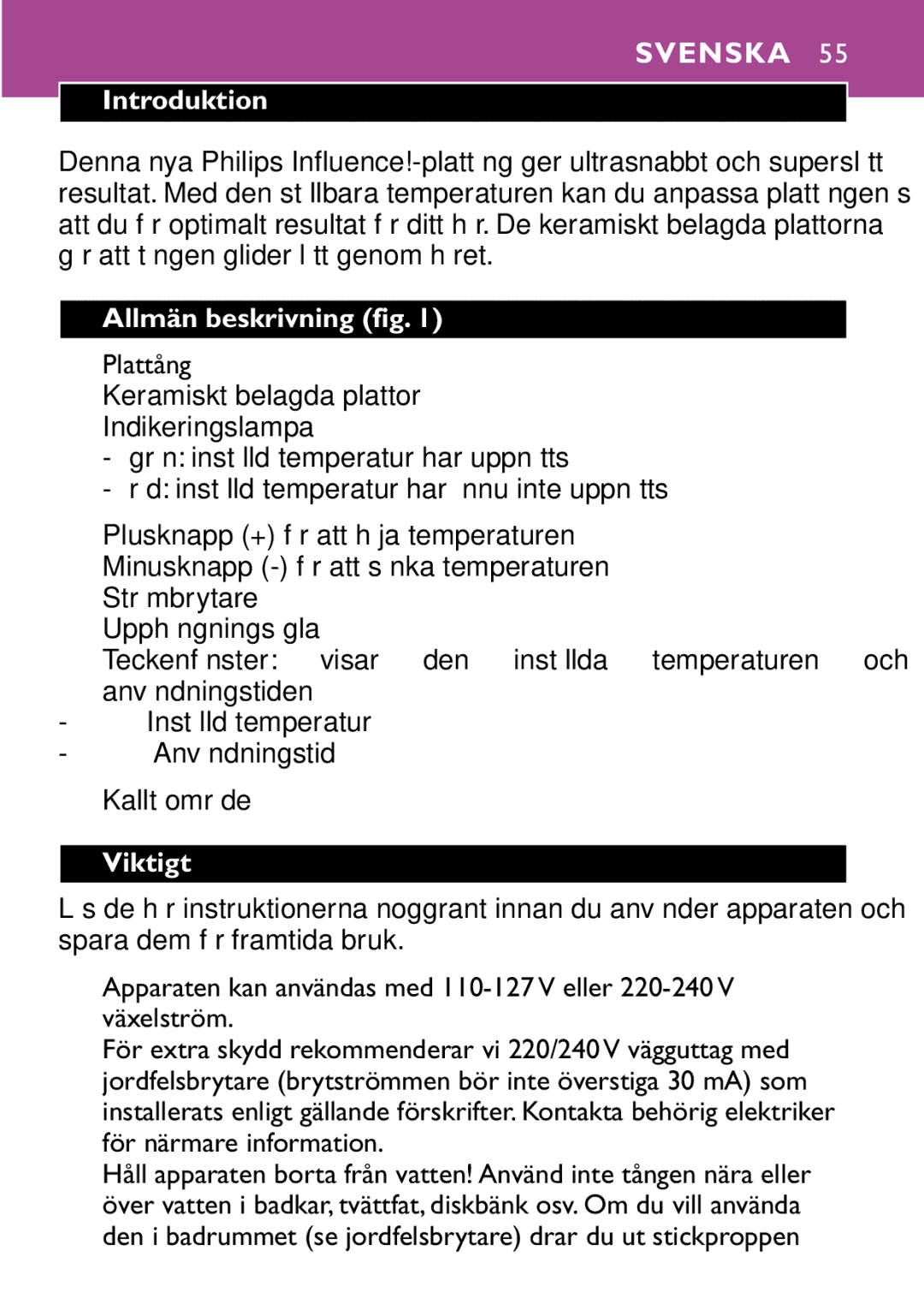 Philips HP4647 manual Svenska, Introduktion, Allmän beskrivning fig, Plattång, Viktigt 