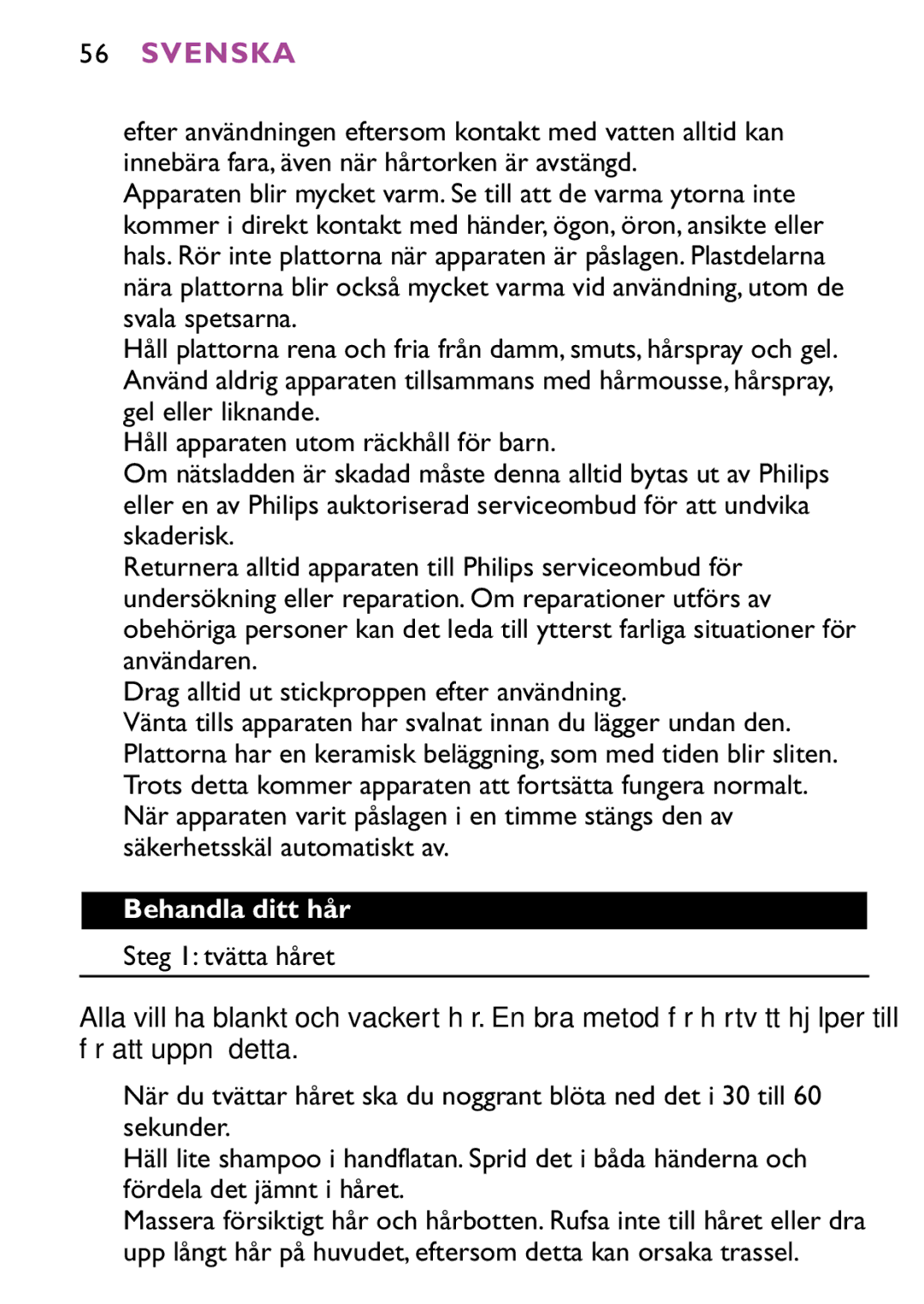 Philips HP4647 manual Svenska, Behandla ditt hår 