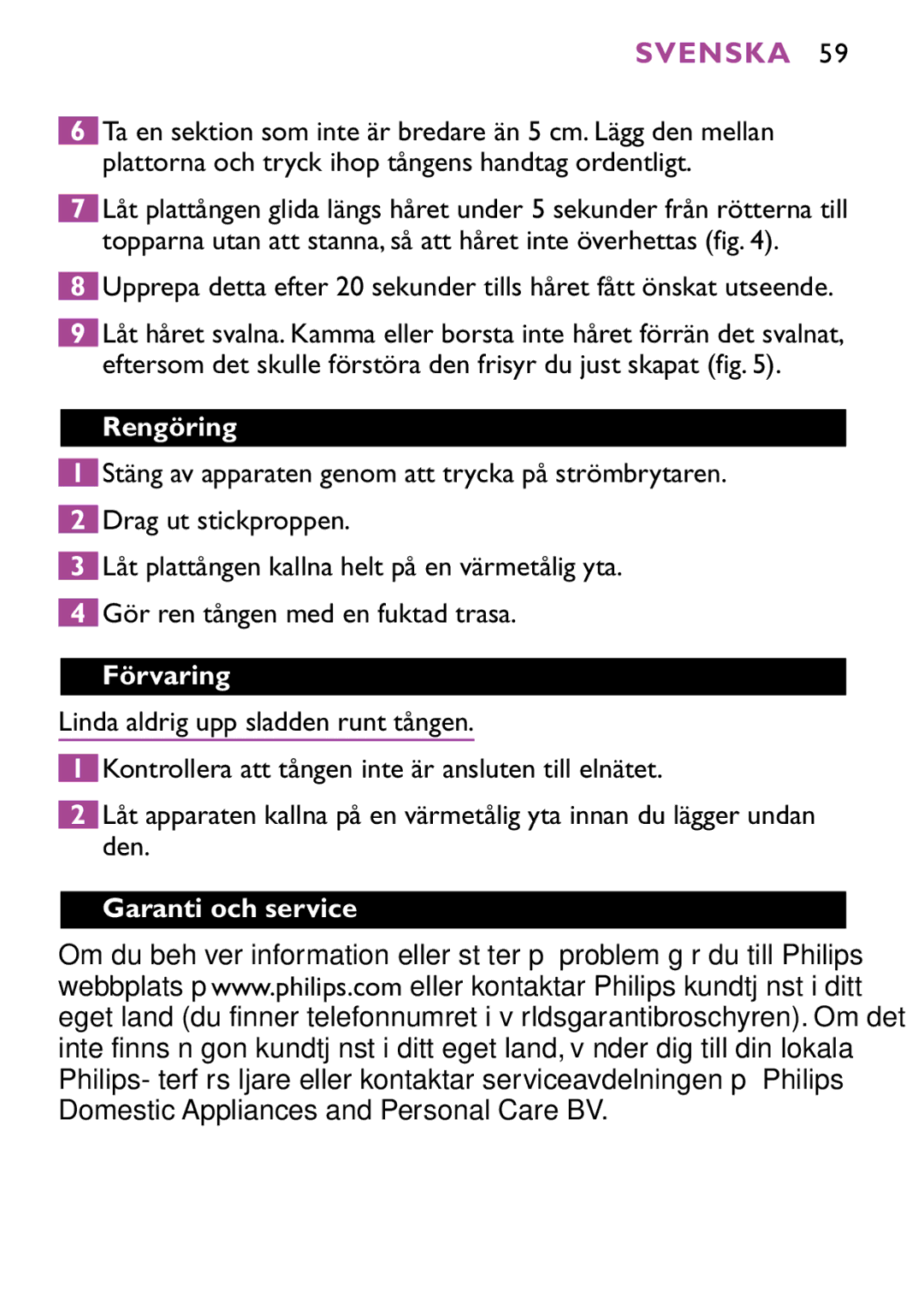 Philips HP4647 manual Rengöring, Förvaring, Garanti och service 