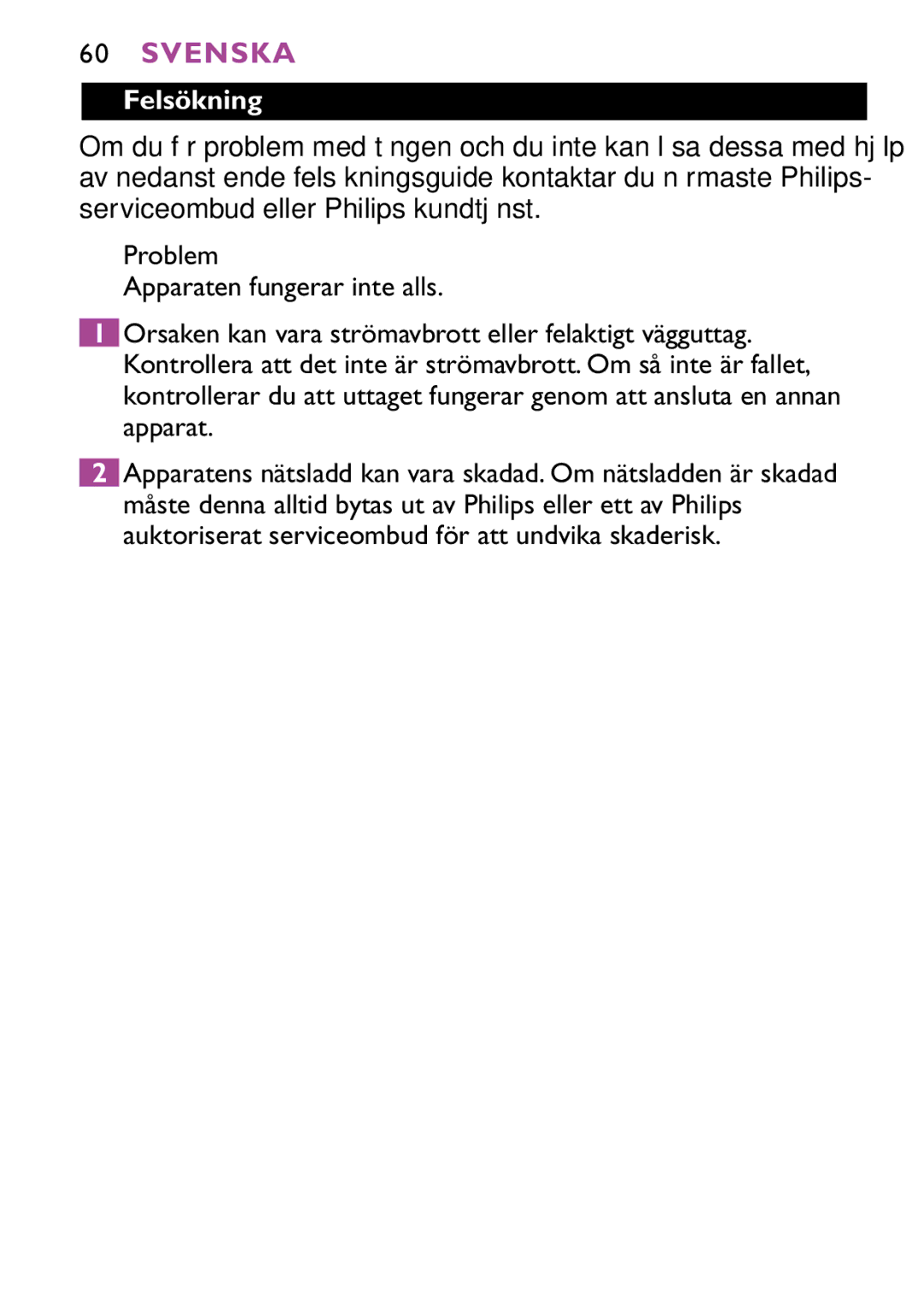 Philips HP4647 manual Felsökning 