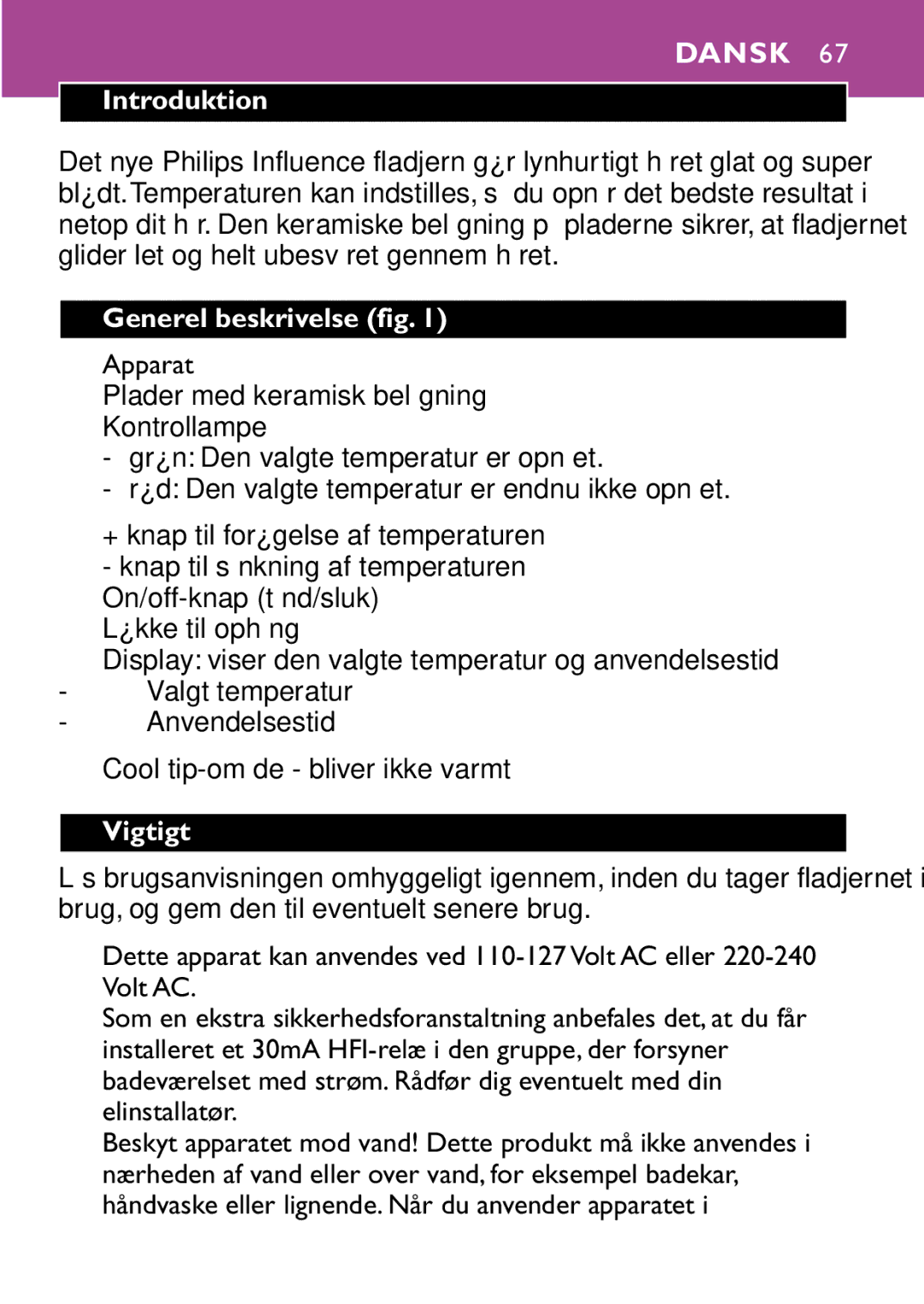 Philips HP4647 manual Dansk, Generel beskrivelse fig, Vigtigt 