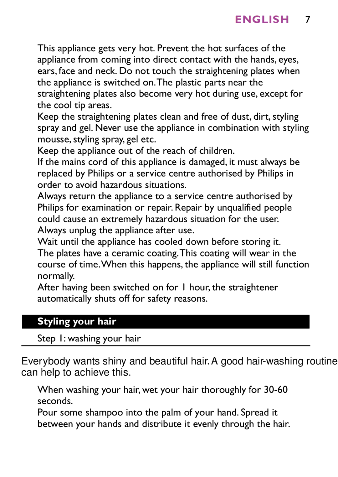 Philips HP4647 manual English, Styling your hair 