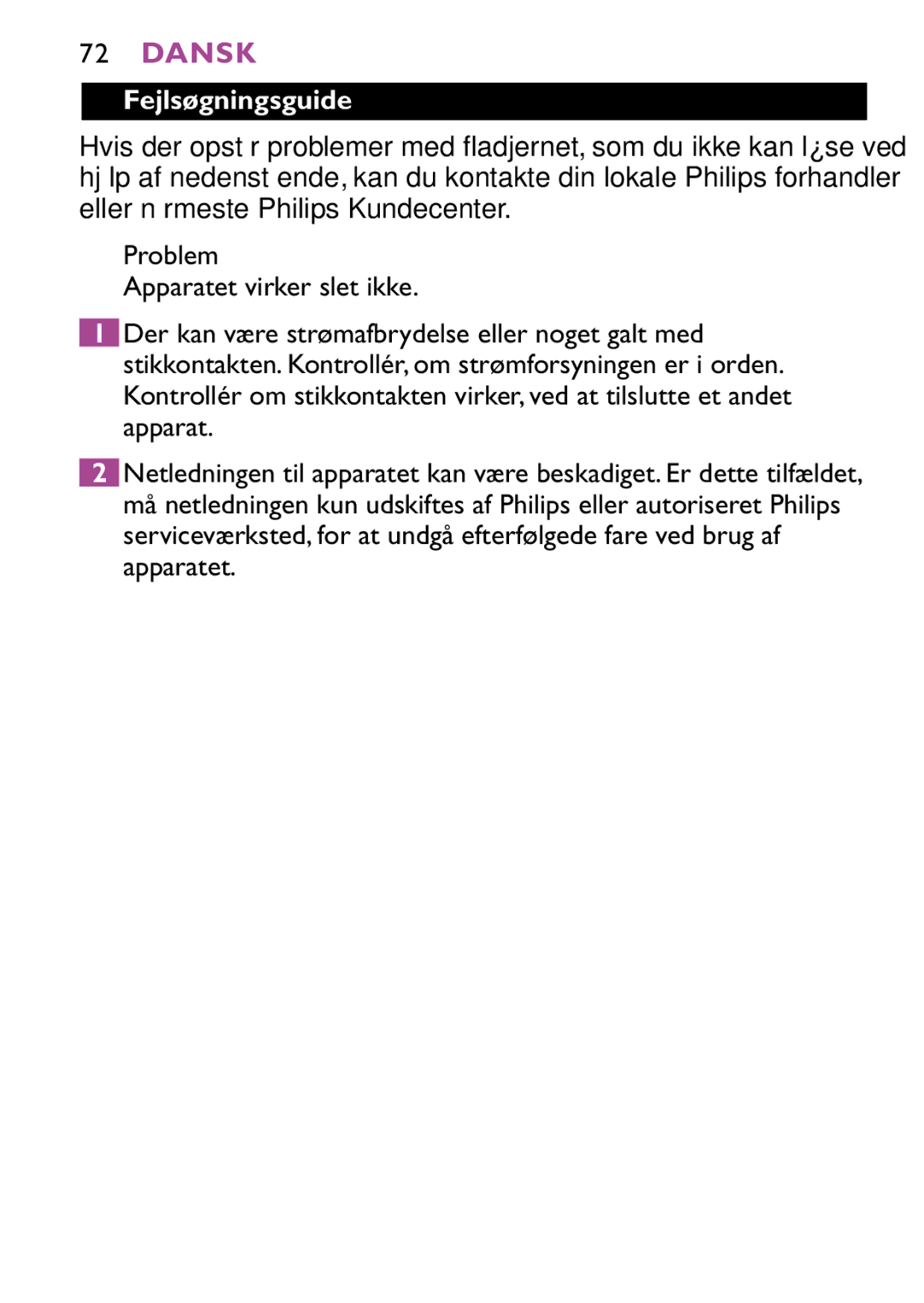 Philips HP4647 manual Fejlsøgningsguide 