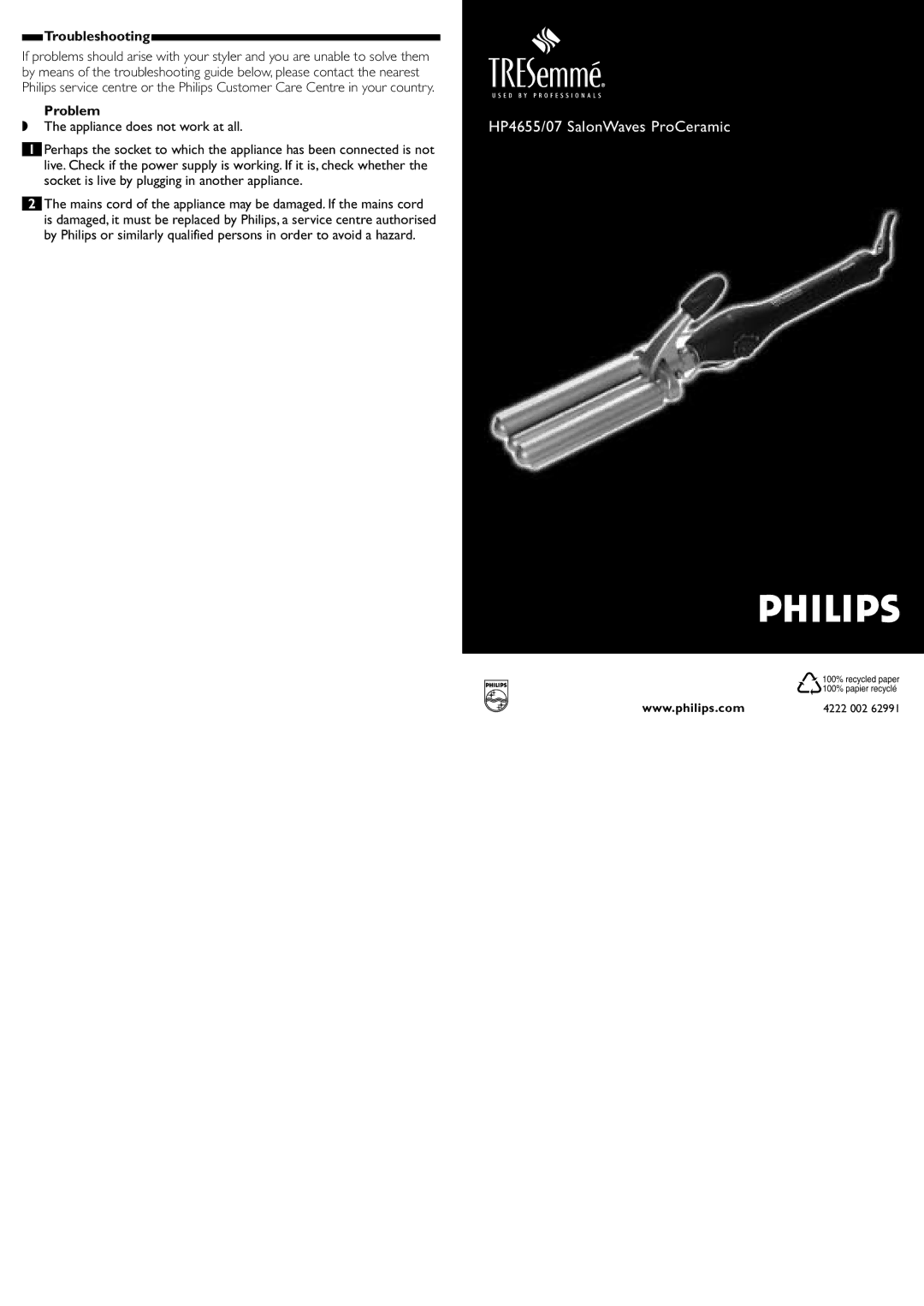 Philips HP4655/07 manual Troubleshooting, Problem 