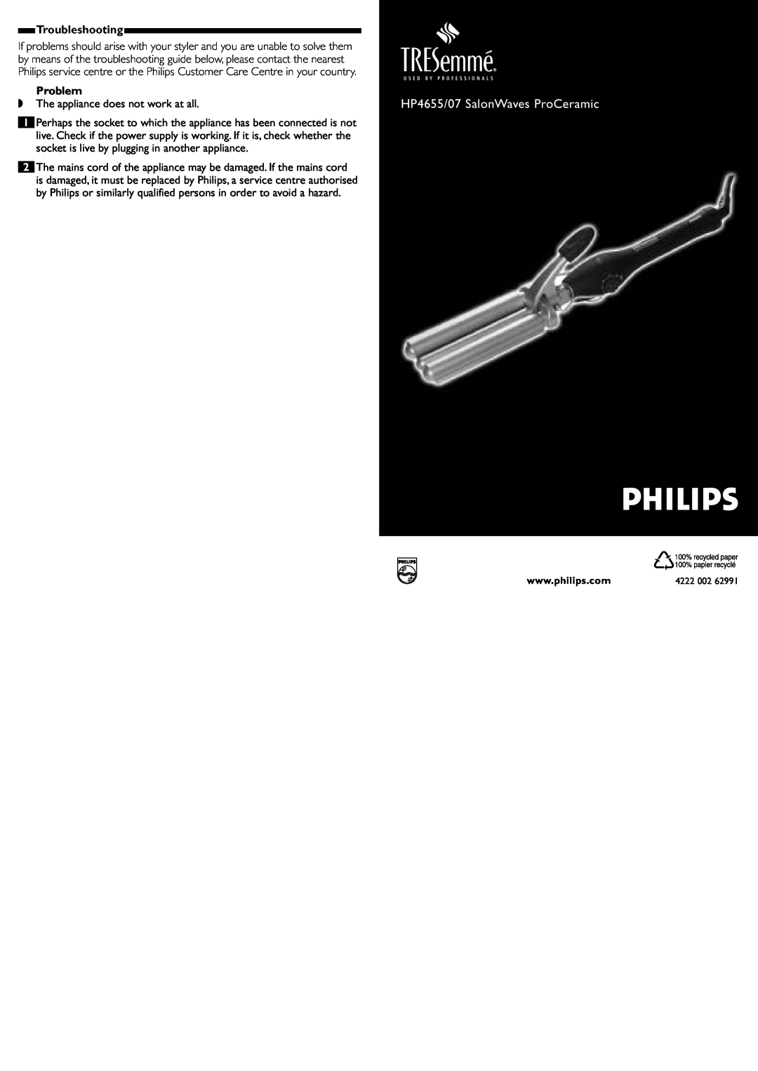 Philips manual Troubleshooting, Problem, HP4655/07 SalonWaves ProCeramic 