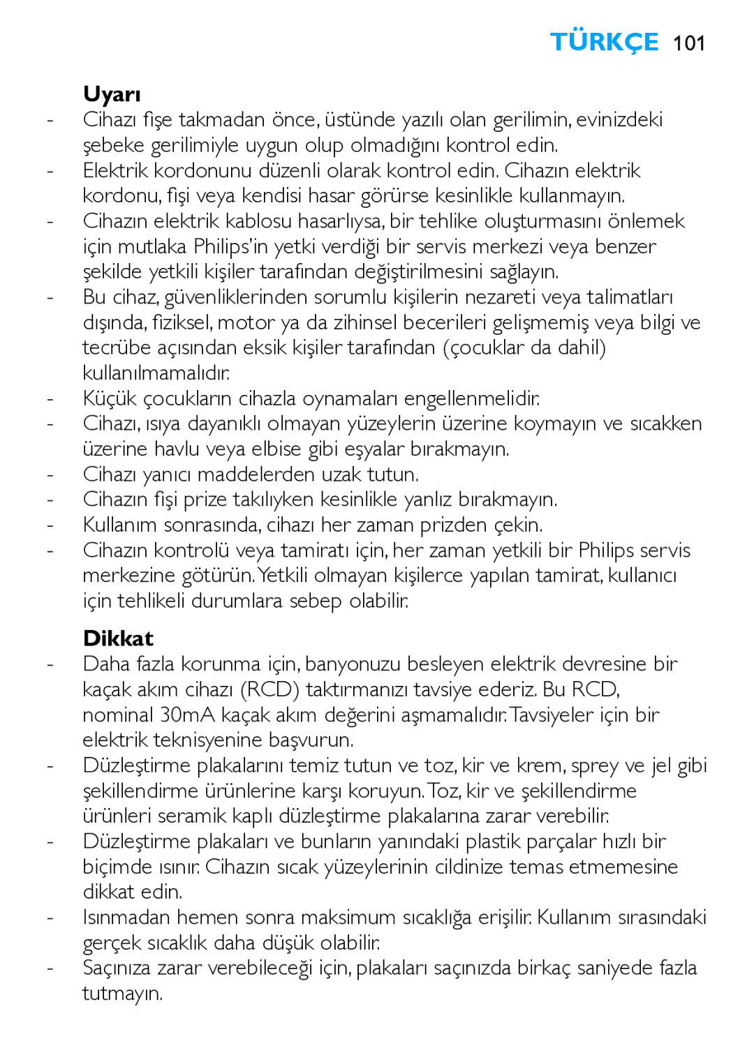 Philips HP4667 manual Türkçe, Uyarı, Dikkat 