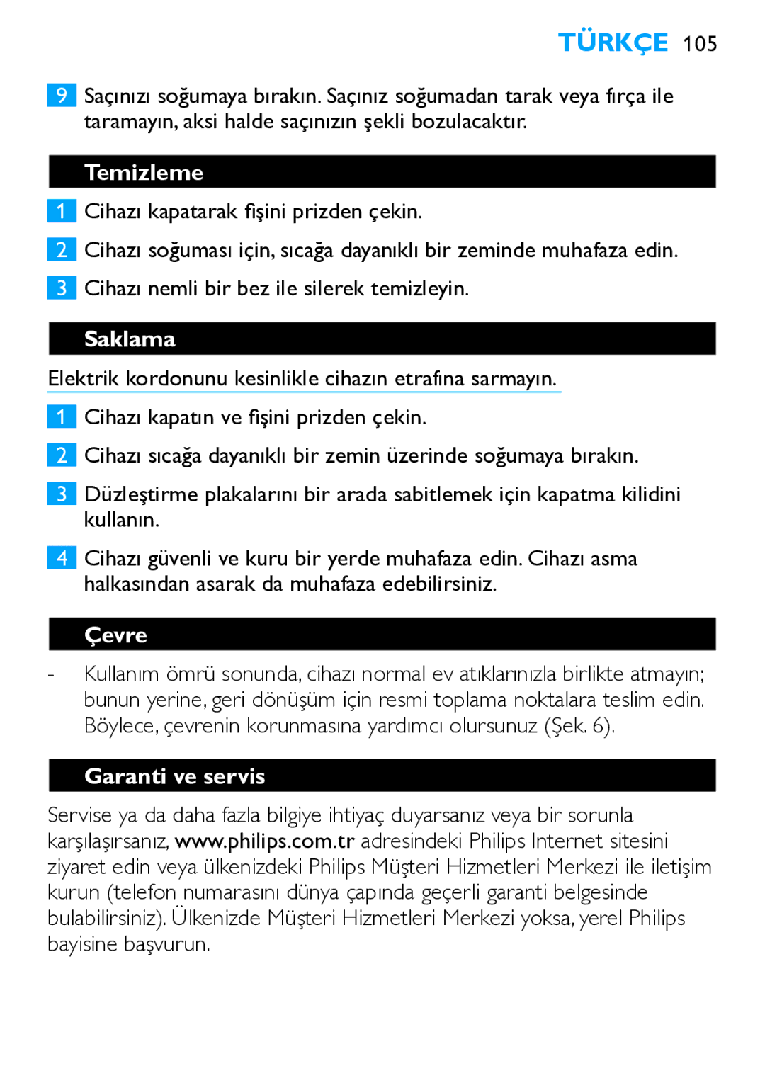 Philips HP4667 manual Temizleme, Saklama, Çevre, Garanti ve servis 