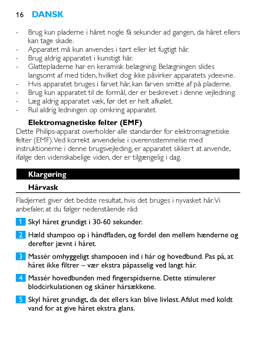 Philips HP4667 manual Elektromagnetiske felter EMF, Klargøring, Hårvask 