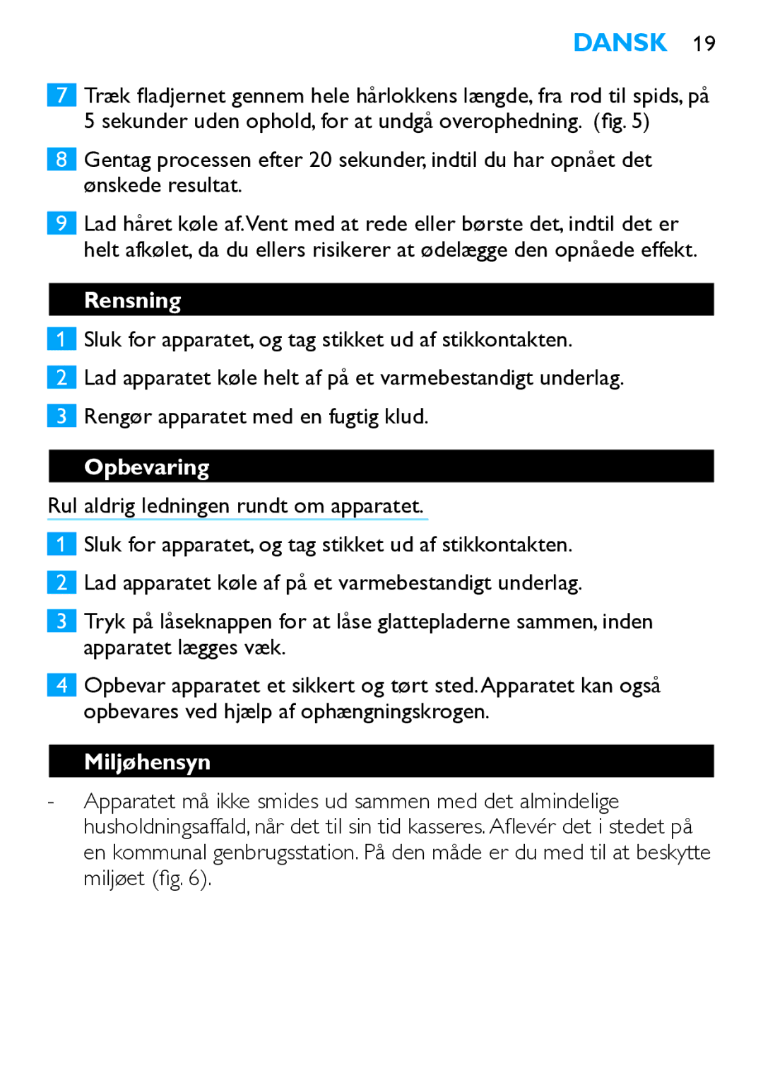 Philips HP4667 manual Rensning, Opbevaring, Miljøhensyn 