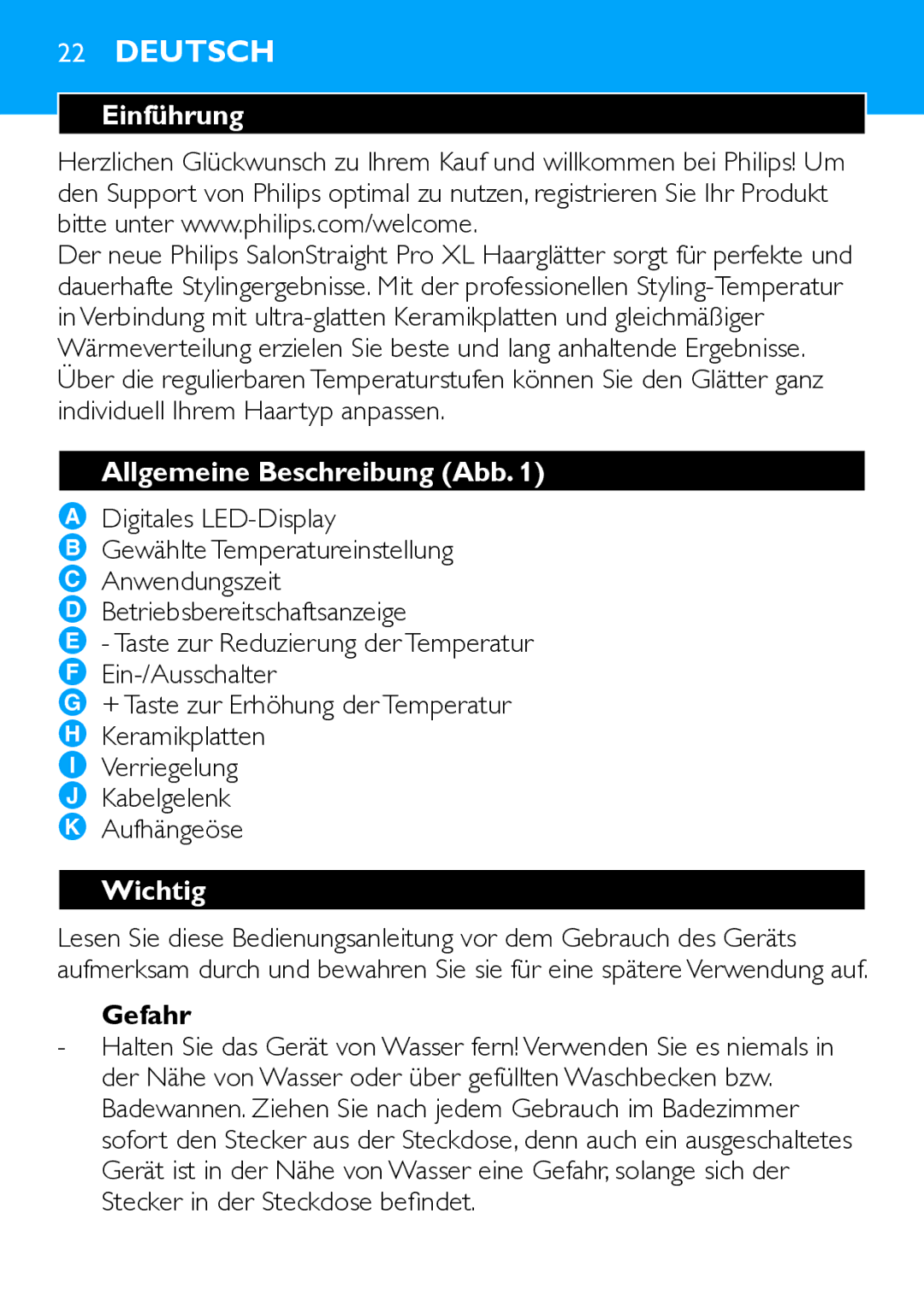 Philips HP4667 manual Deutsch, Einführung, Allgemeine Beschreibung Abb, Wichtig, Gefahr 