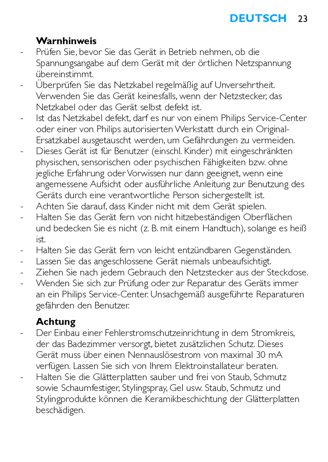 Philips HP4667 manual Deutsch, Warnhinweis, Lassen Sie das angeschlossene Gerät niemals unbeaufsichtigt, Achtung 