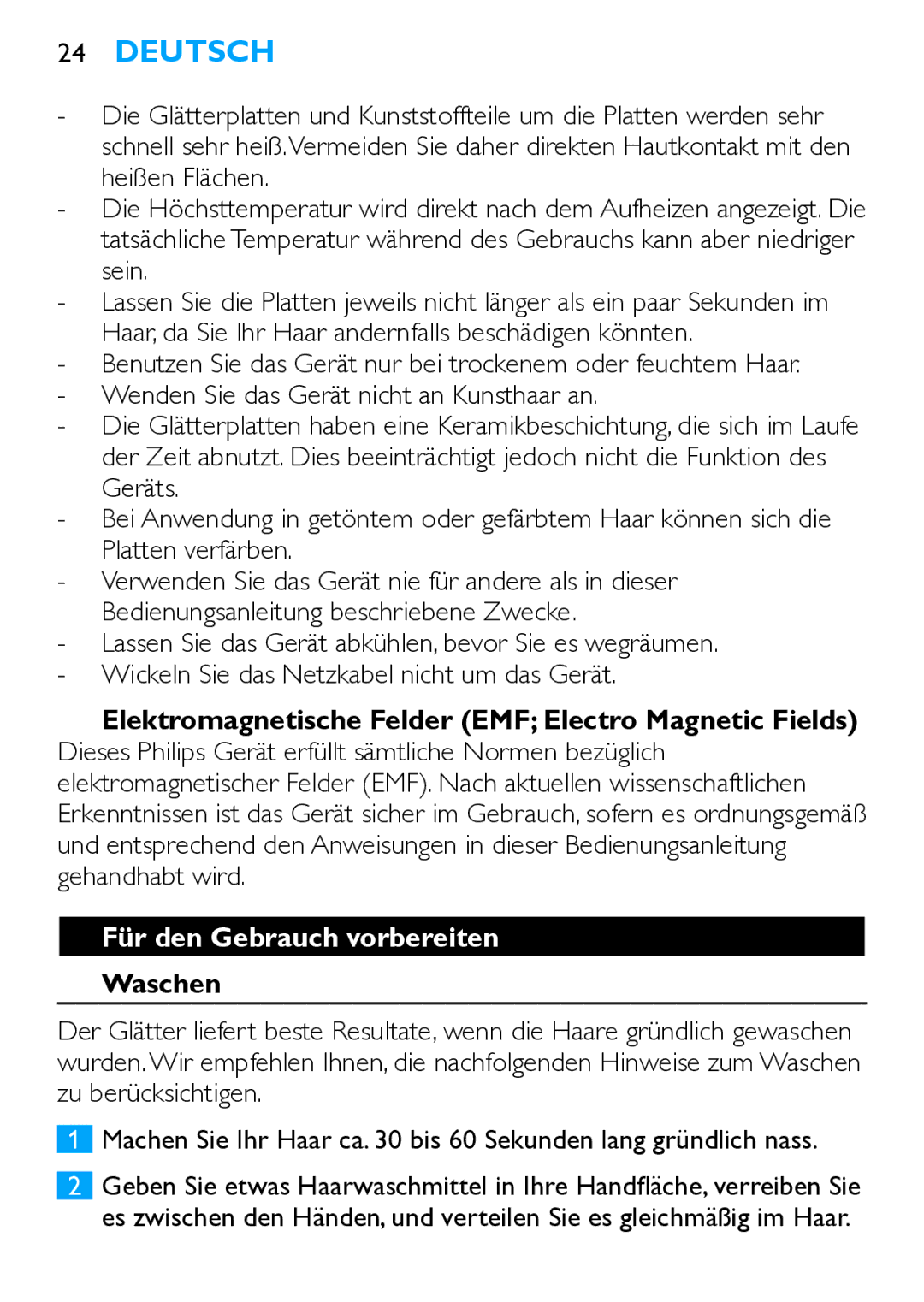 Philips HP4667 manual Für den Gebrauch vorbereiten, Waschen 