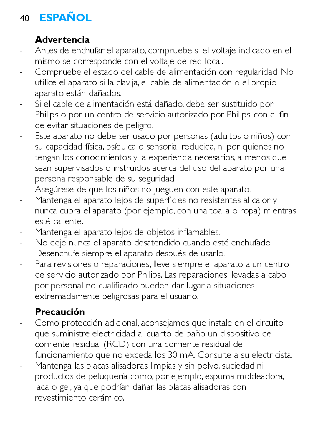 Philips HP4667 manual Español, Advertencia, Precaución 