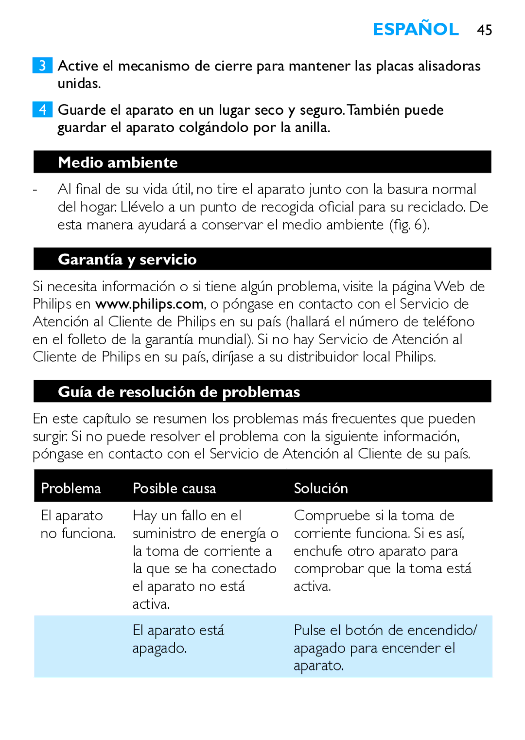 Philips HP4667 manual Medio ambiente, Garantía y servicio Guía de resolución de problemas, Problema Posible causa Solución 