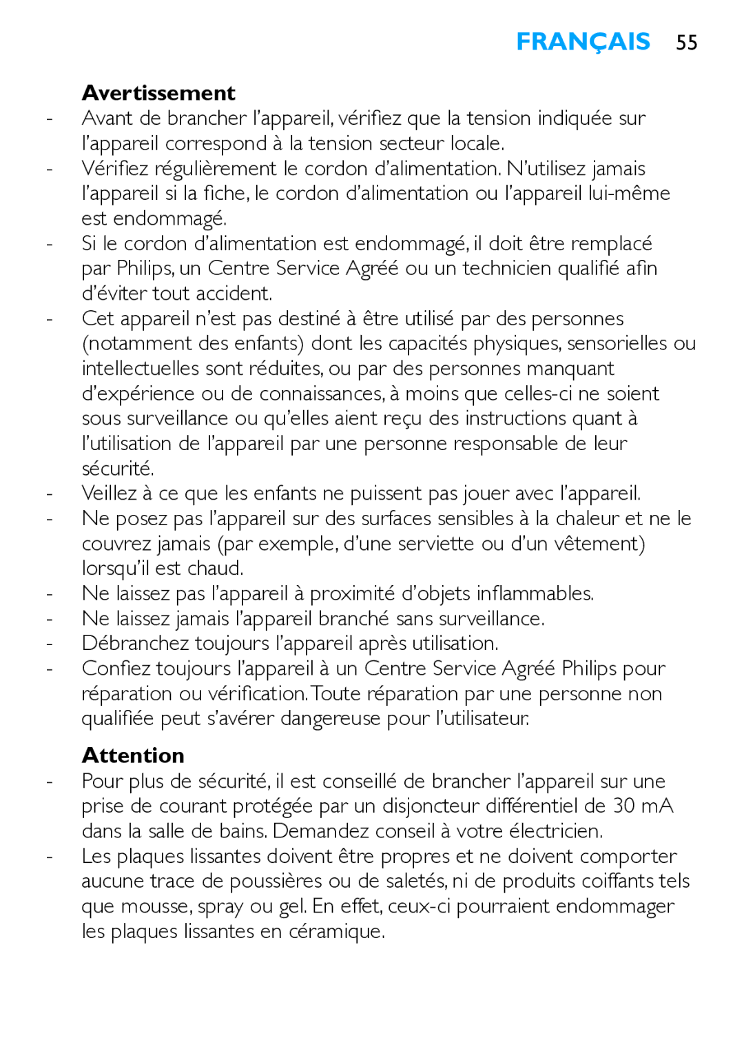 Philips HP4667 manual Français, Avertissement 