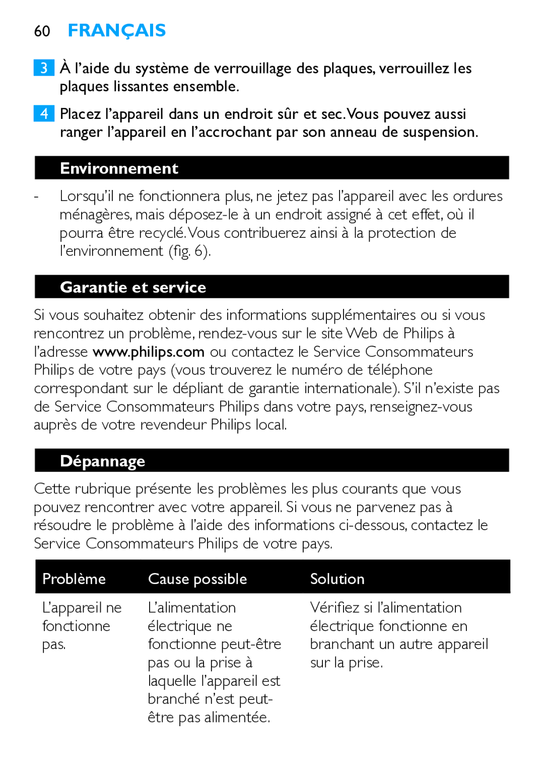 Philips HP4667 manual Environnement, Garantie et service Dépannage, Problème Cause possible Solution 