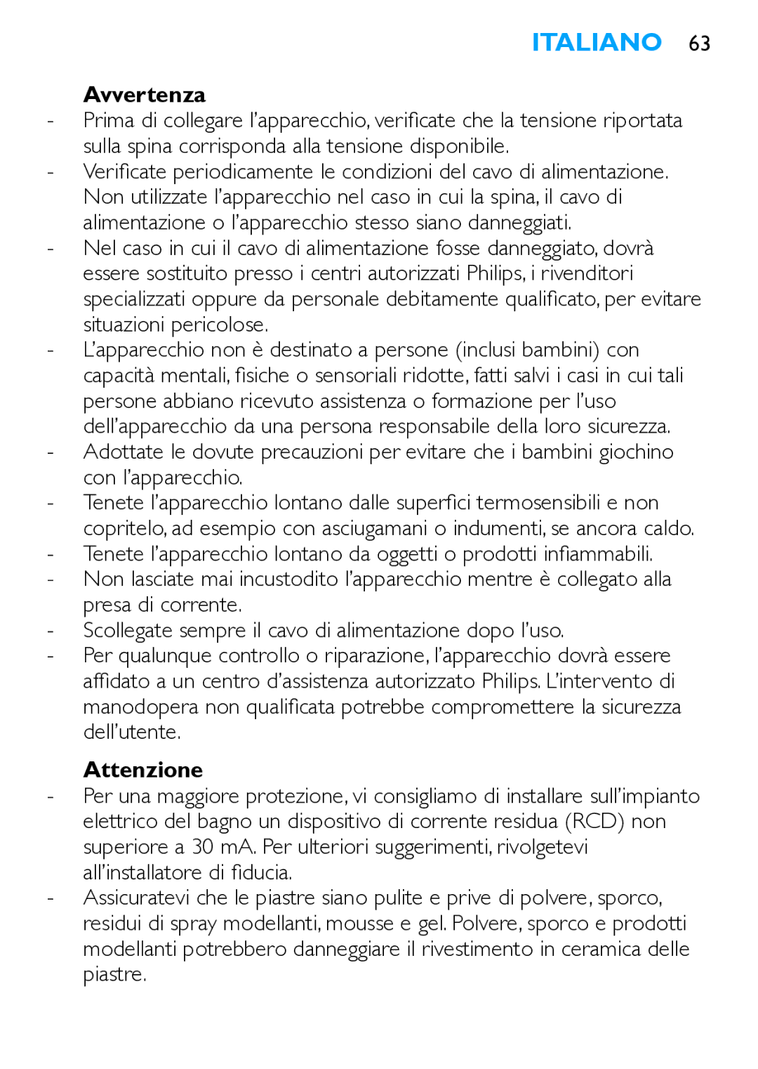 Philips HP4667 manual Italiano, Avvertenza, Attenzione 