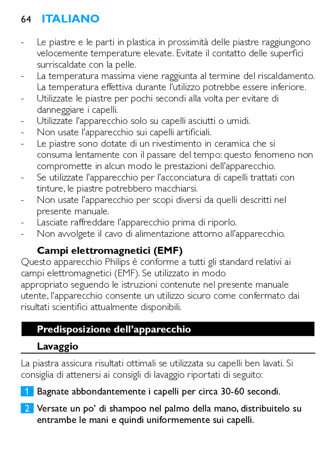 Philips HP4667 manual Campi elettromagnetici EMF, Predisposizione dell’apparecchio, Lavaggio 