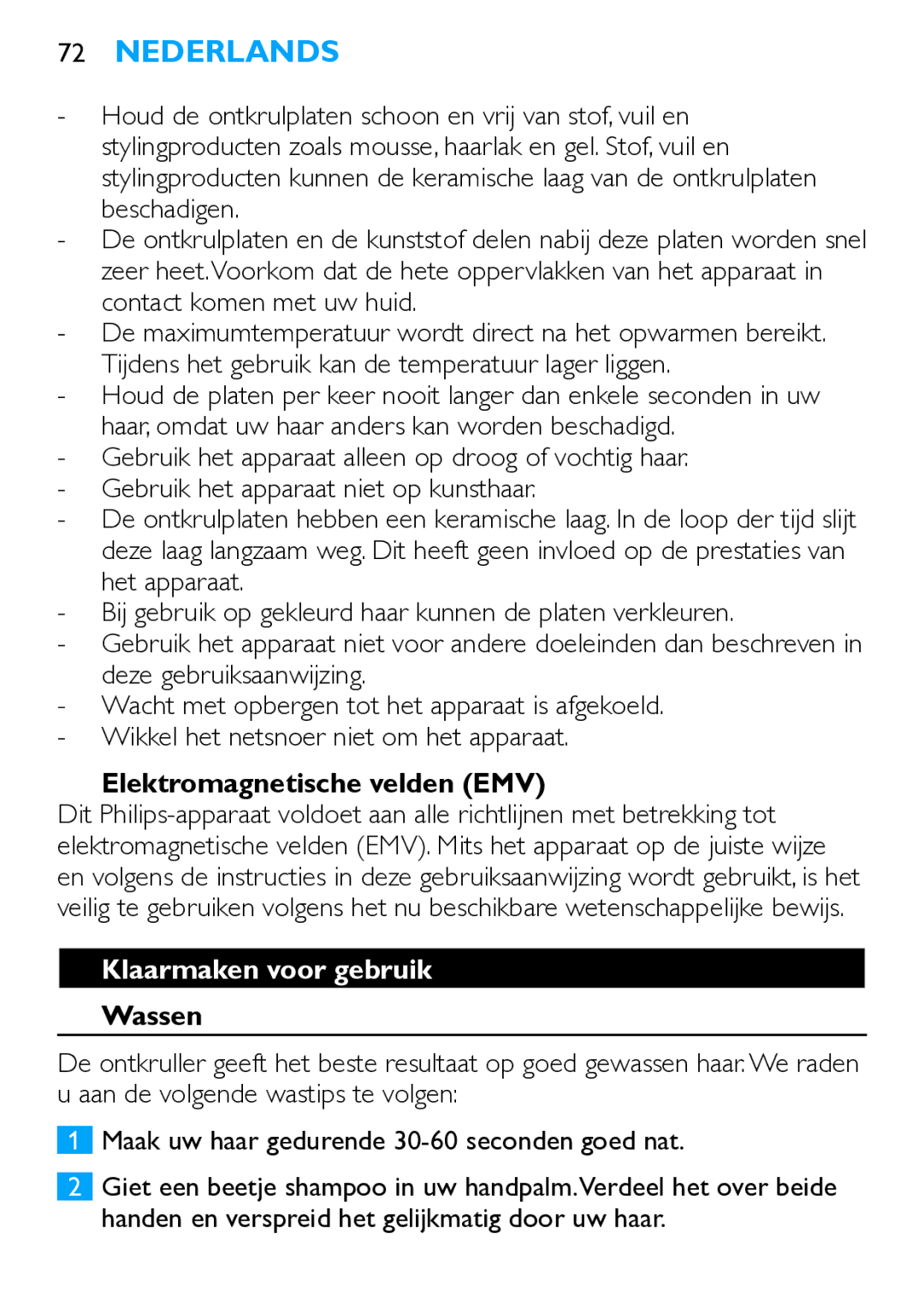 Philips HP4667 manual Elektromagnetische velden EMV, Klaarmaken voor gebruik, Wassen 