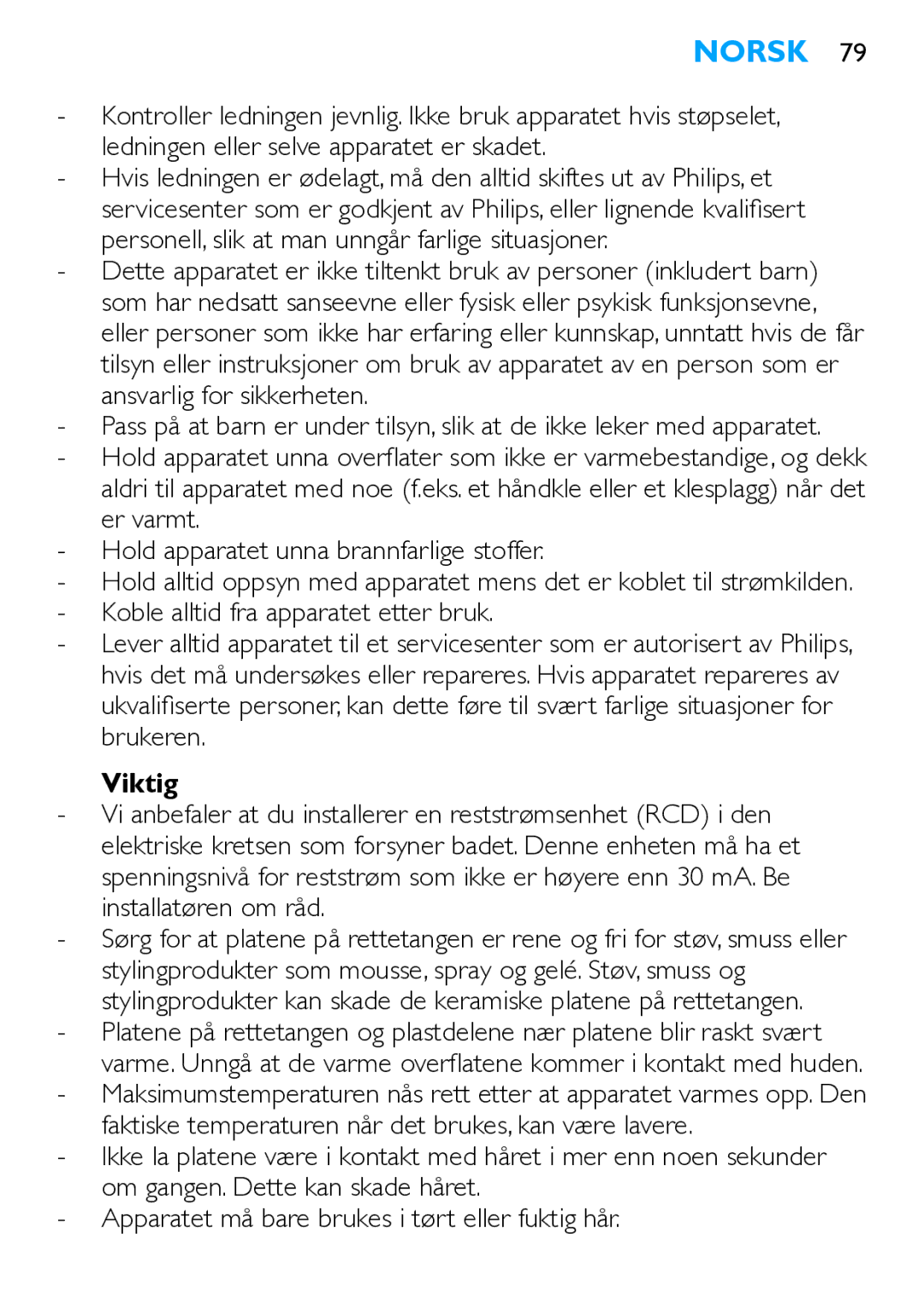 Philips HP4667 manual Norsk, Viktig 