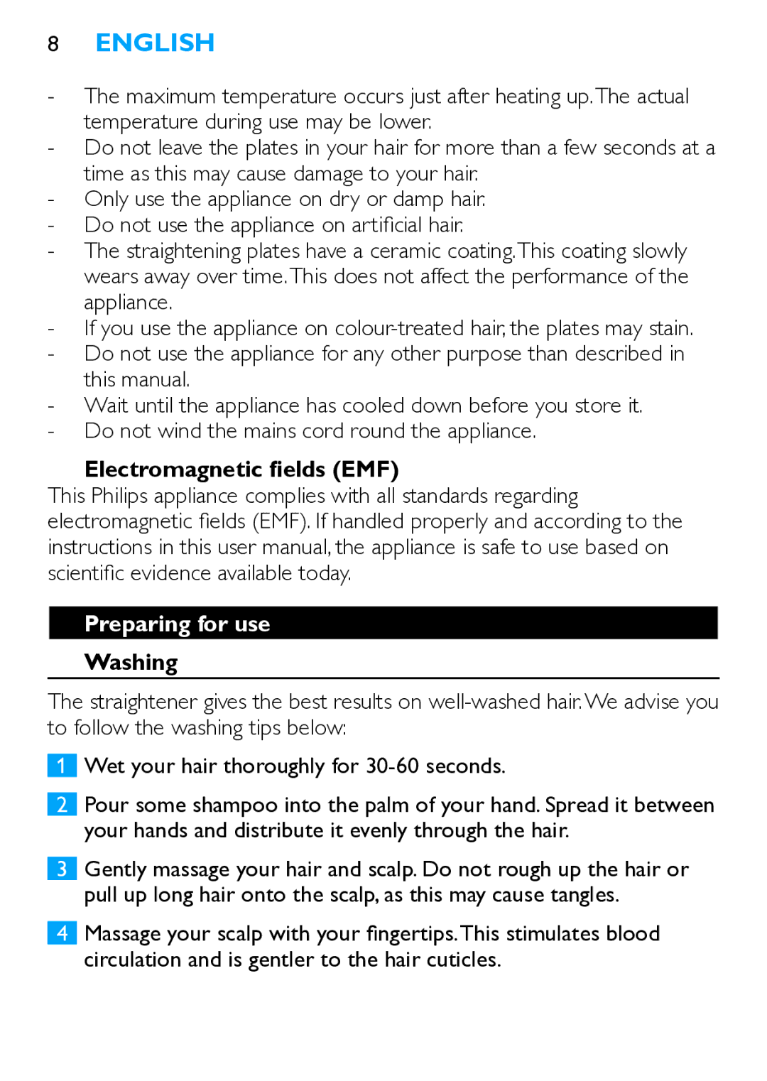 Philips HP4667 manual Electromagnetic fields EMF, Preparing for use, Washing 