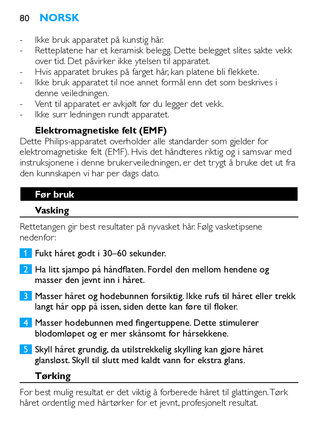 Philips HP4667 manual Elektromagnetiske felt EMF, Før bruk, Vasking, Tørking 