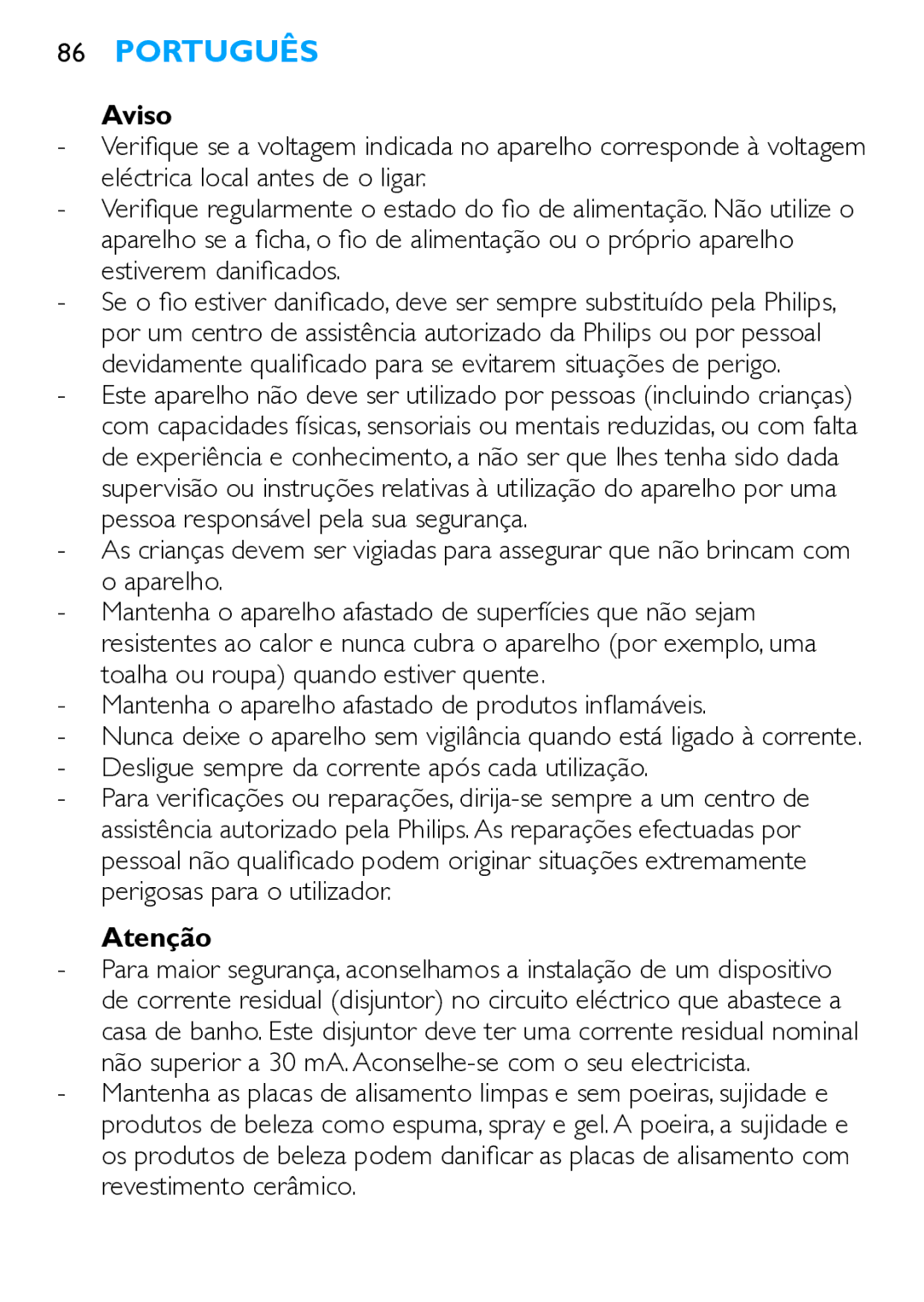 Philips HP4667 manual Português, Aviso, Mantenha o aparelho afastado de produtos inflamáveis, Atenção 