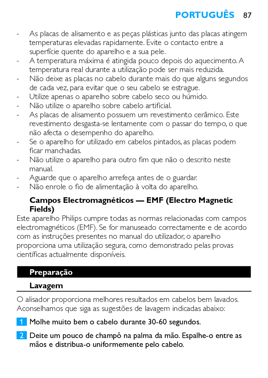 Philips HP4667 manual Campos Electromagnéticos EMF Electro Magnetic Fields, Preparação, Lavagem 