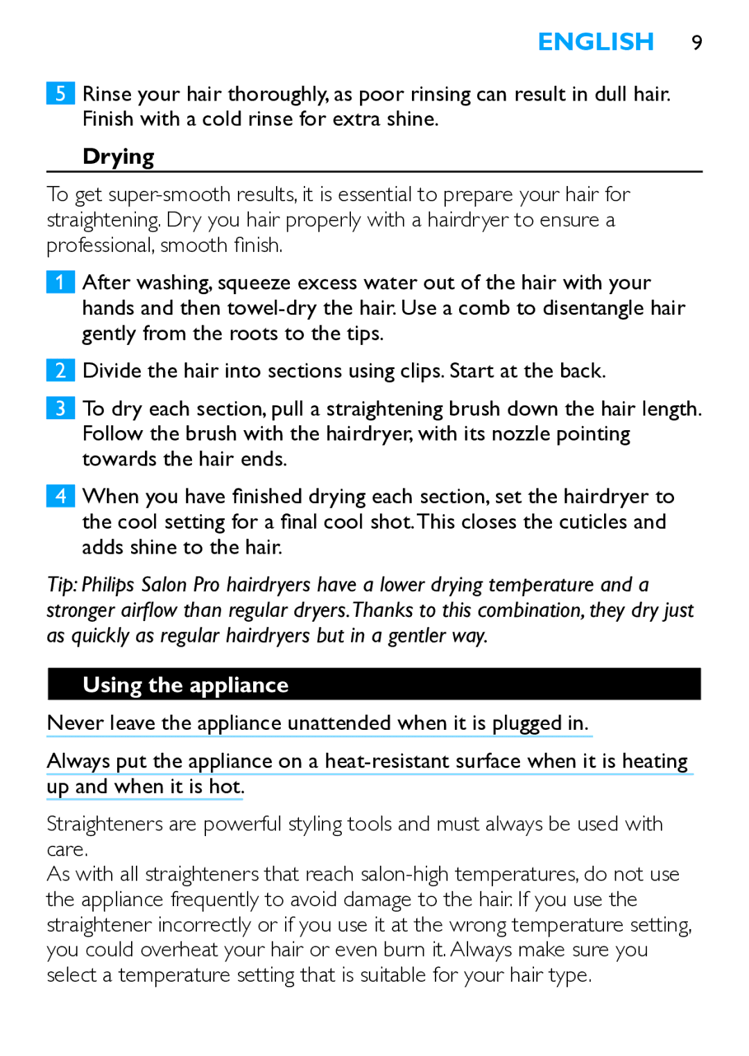 Philips HP4667 manual Drying, Using the appliance 