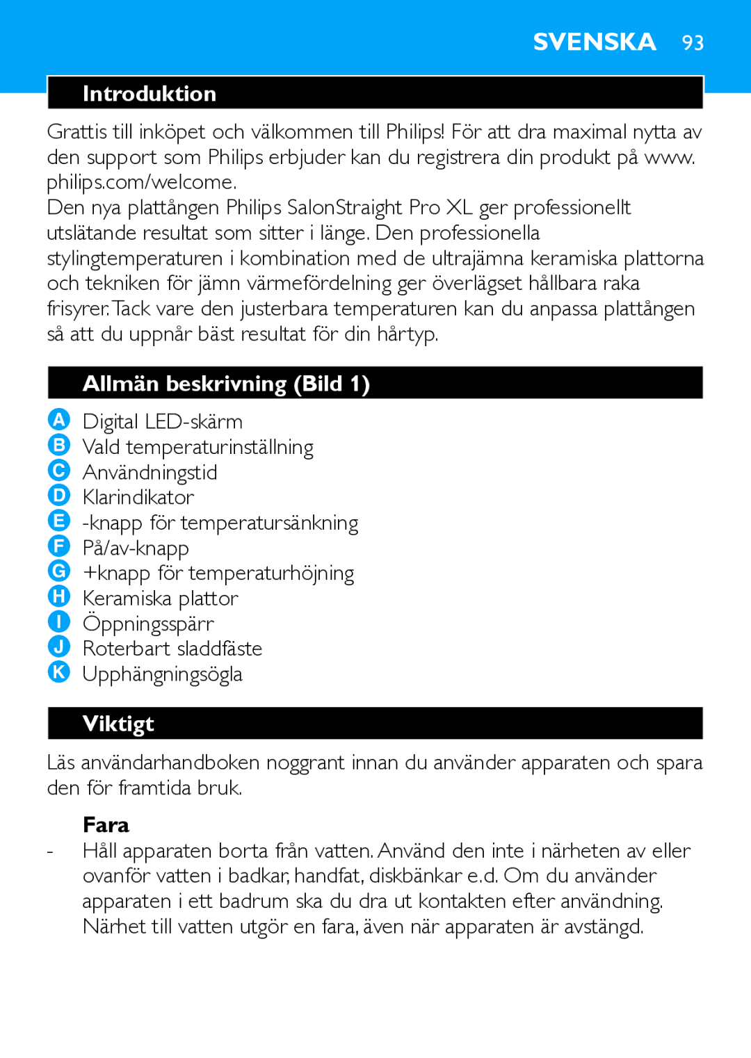 Philips HP4667 manual Svenska, Allmän beskrivning Bild, Viktigt, Fara 