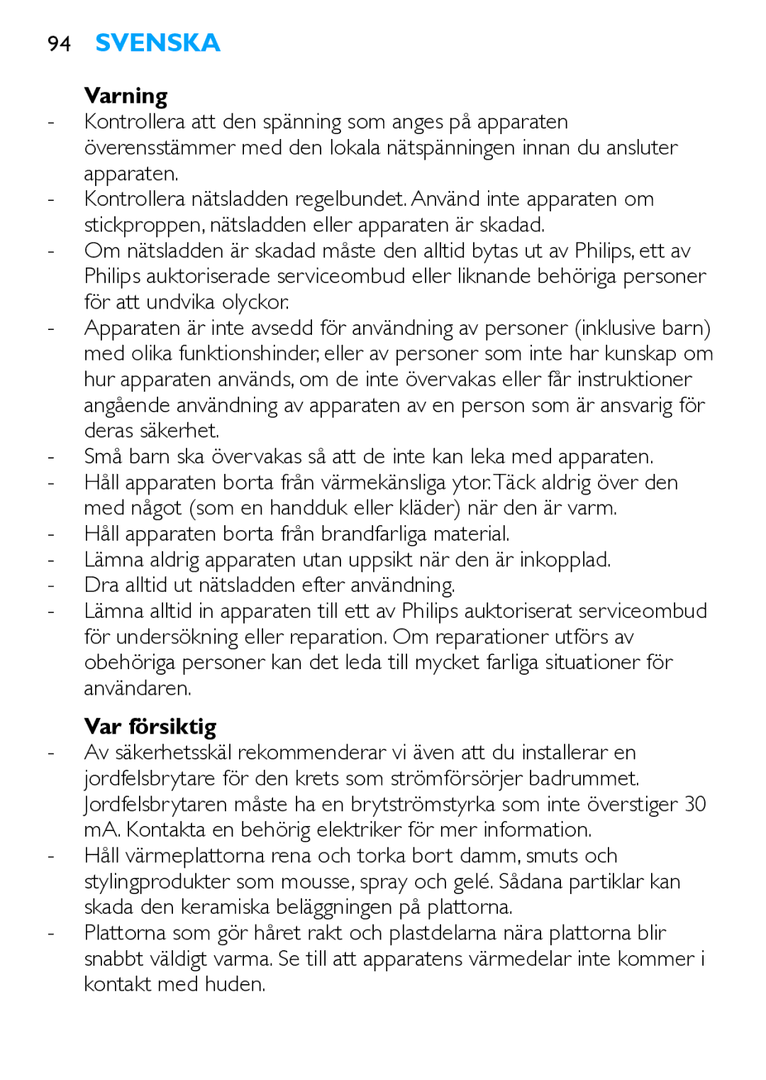 Philips HP4667 manual Svenska, Varning, Var försiktig 