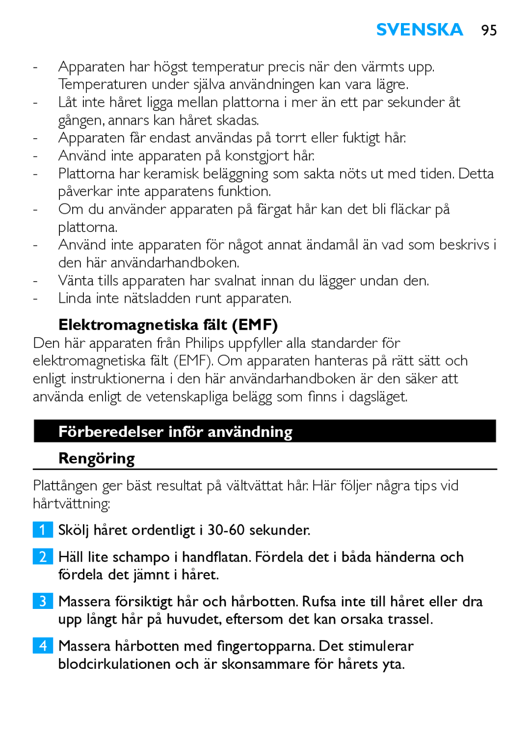 Philips HP4667 manual Elektromagnetiska fält EMF, Förberedelser inför användning, Rengöring 