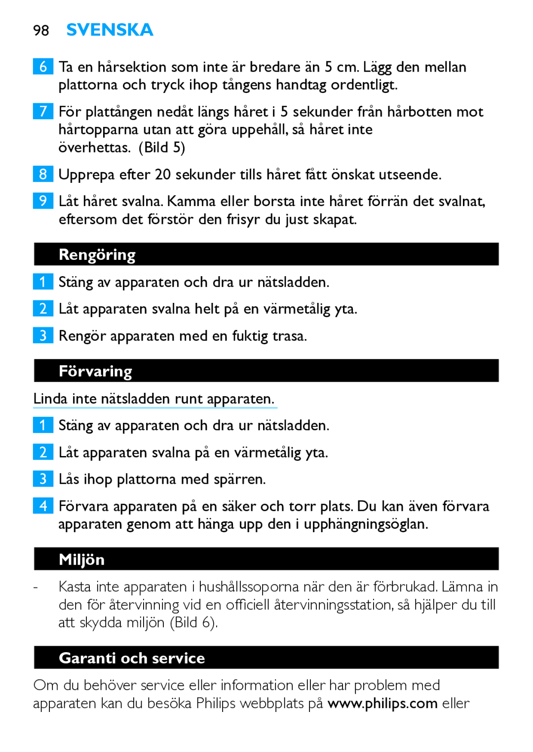 Philips HP4667 manual Rengöring, Förvaring, Miljön, Garanti och service 