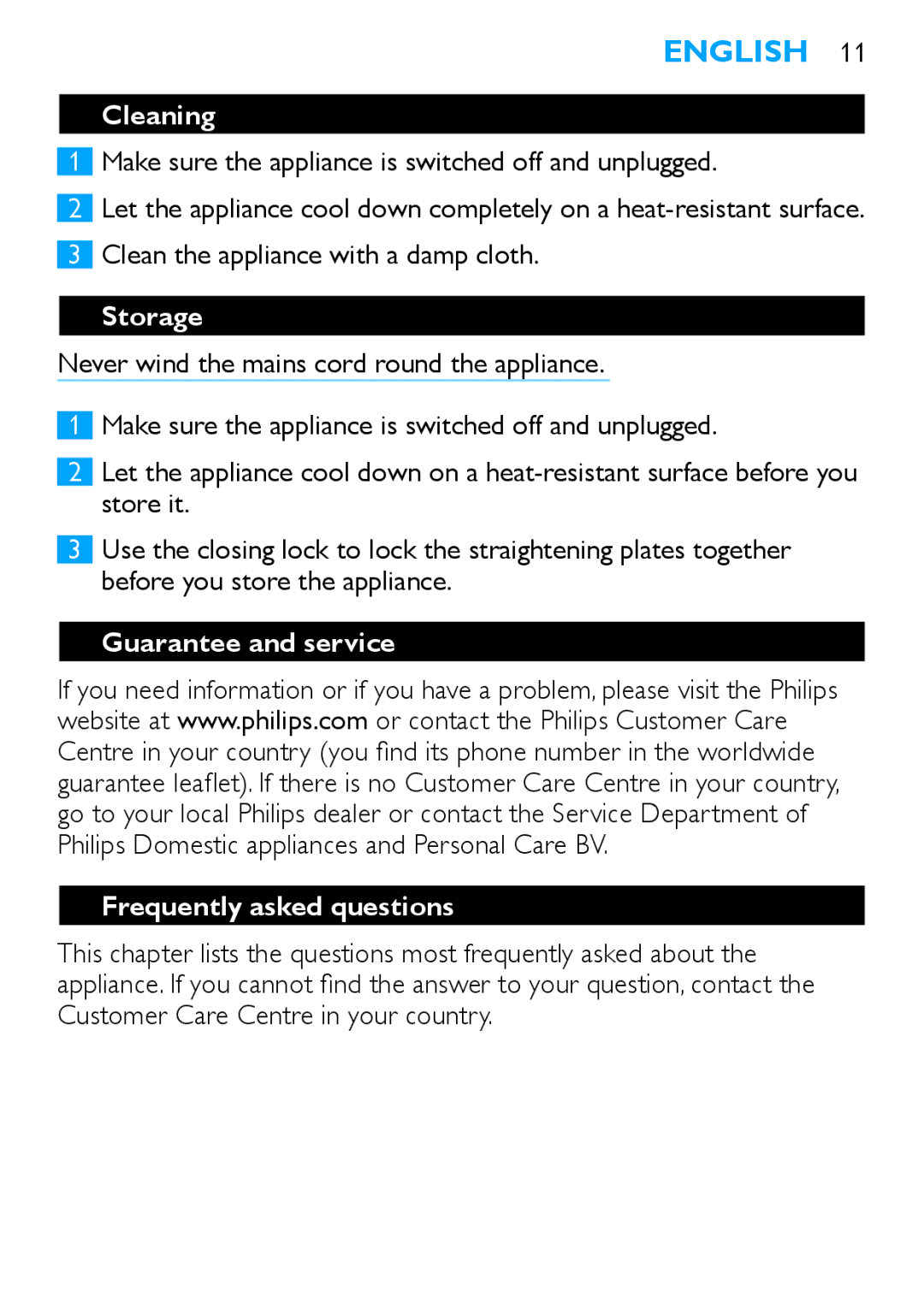 Philips HP4667/00 Cleaning, Make sure the appliance is switched off and unplugged, Clean the appliance with a damp cloth 