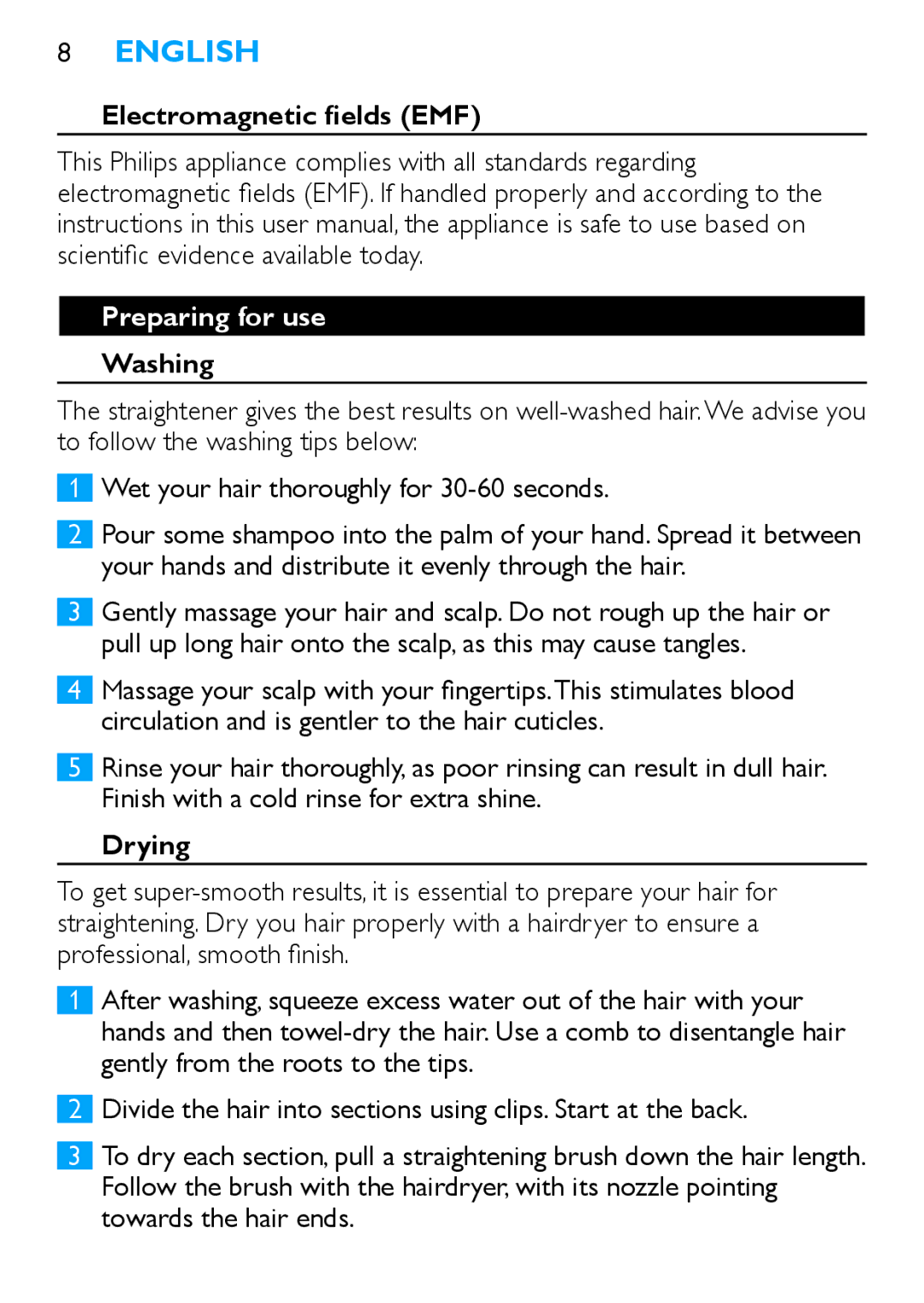 Philips HP4667/00 manual  English, Electromagnetic fields EMF, Preparing for use, Washing, Drying 