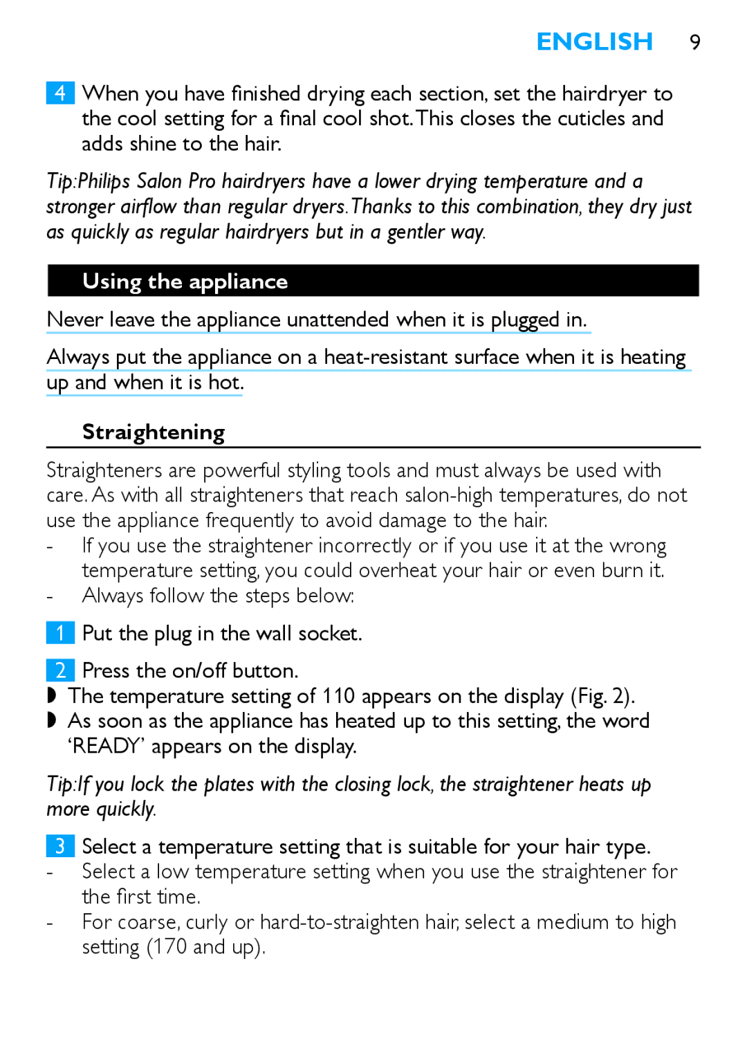 Philips HP4667/00 manual English , Using the appliance, Straightening 