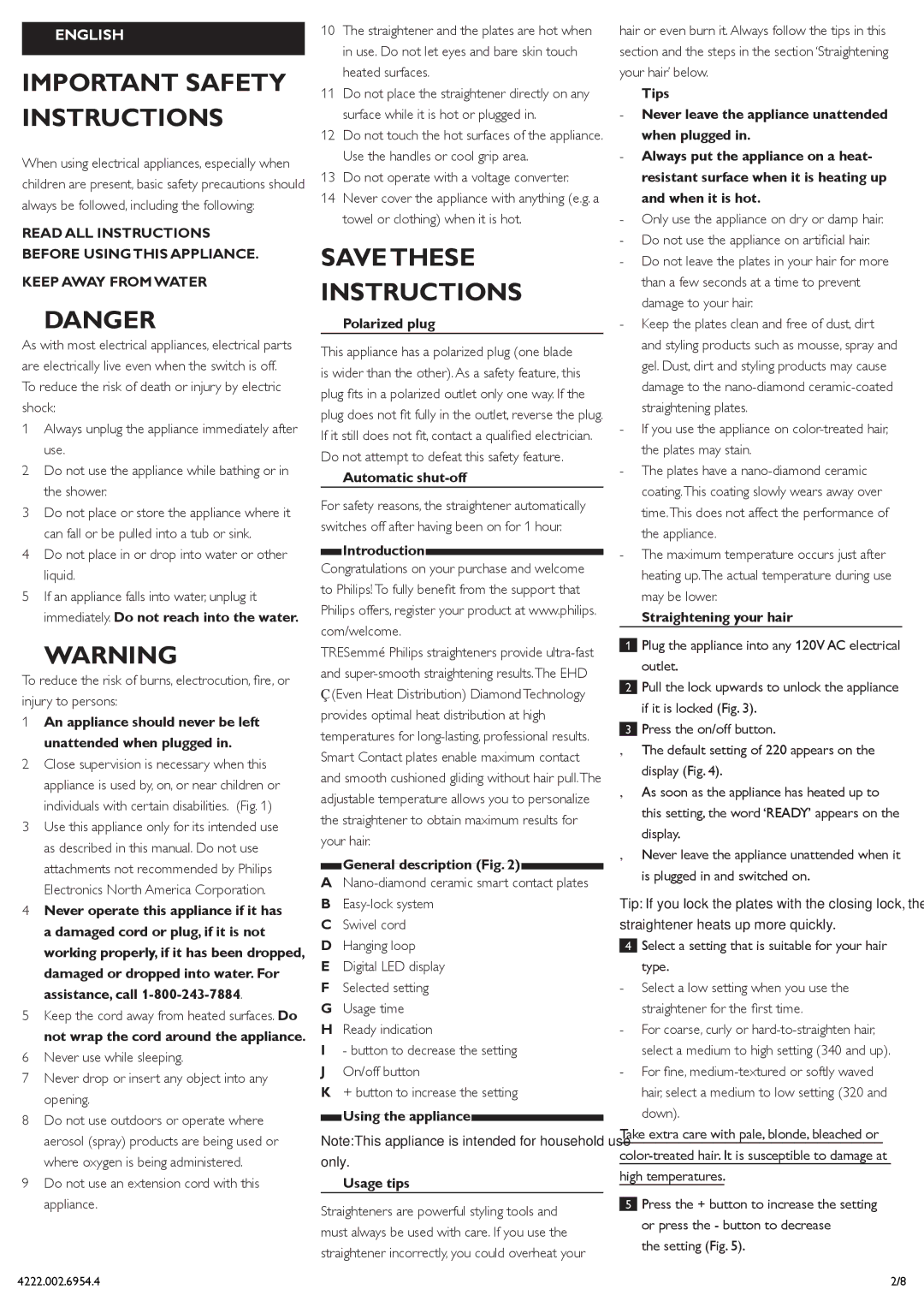 Philips HP4667/05 manual Important Safety Instructions, Save These Instructions 